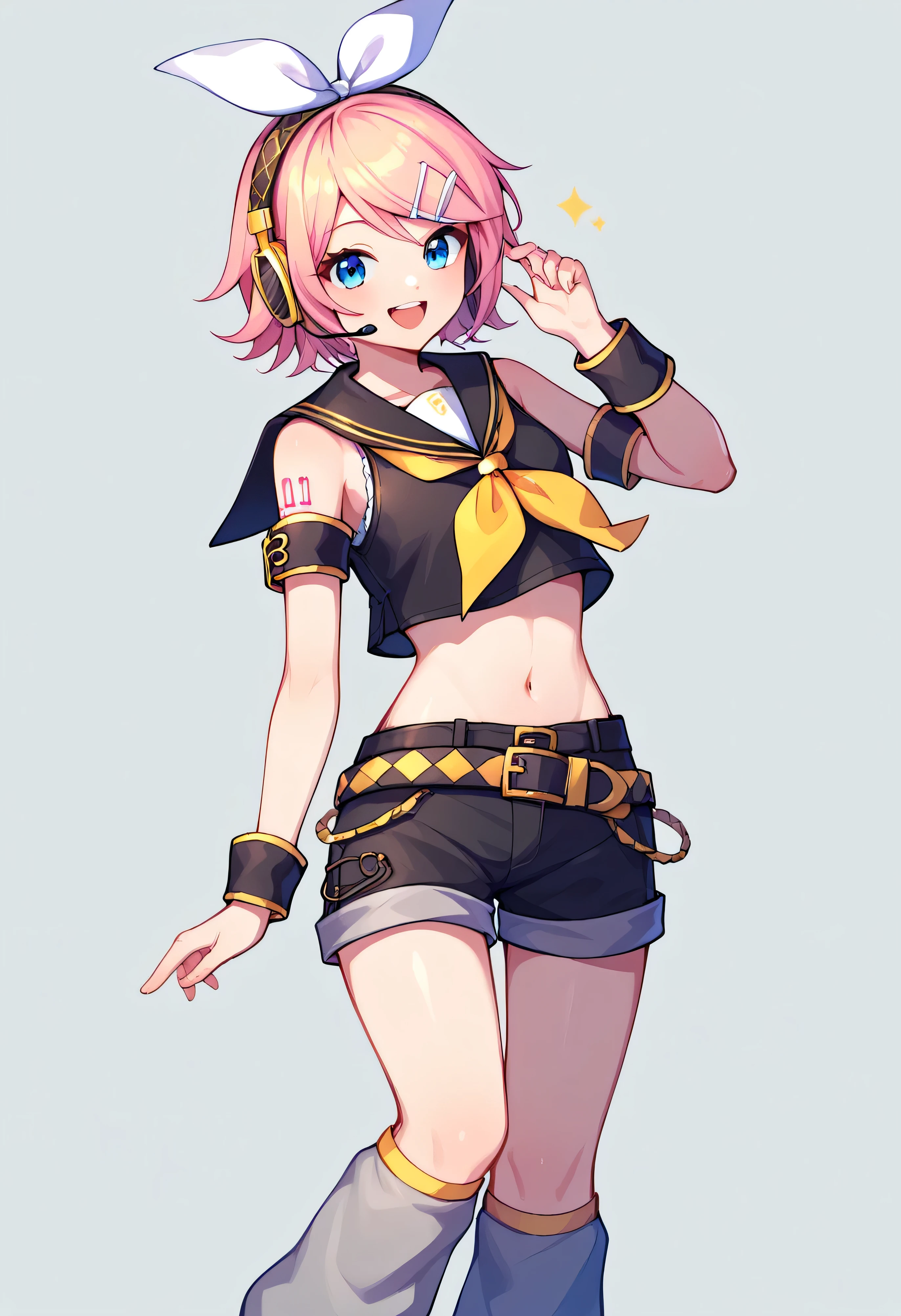  score_9,  score_8_up,  score_7_up, score_6_up,  score_5_up,  score_4_up ,  1 girl, Alone, luka megurine ,  blue eyes , Headphones, Long Hair,  Pink Hair,,  arm warmer , Armband, Shoulder Bare, black shirt, black skirt,  crop top , abdomen, belly button, shirt, shoulder tattoo,  one arm warmer , skirt, tattoo, rin kagamine,  blond hair,  blue eyes , hair bow,  headset,  short haired , Headphones, Shoulder Bare, belt, black Sailor collar, black  shorts, bow,  crop top , Sleeveless, Grey legwear, grey  shorts, Grey sleeves, hair bow,  Leg Warmers,   Neckerchief  , Sailor collar, , shirt, short  shorts, Short sleeve,  shorts, white bow,  White Footwear, white shirt, yellow   Neckerchief  , happy,  cowboy shot of a man,   simple background