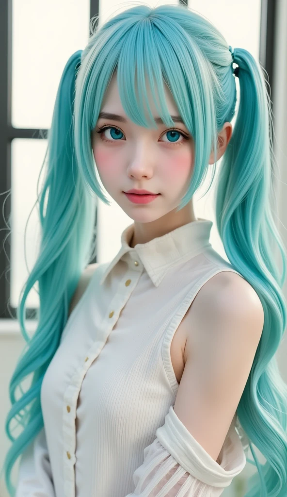 RAW photo、Blue-green hair, Small eyes、Expressionless,Squat Twintails、 Hatsune Miku、Official Art， Unity 8K, wallpaper， very detailed ，aesthetics，masterpiece，Best Quality，Realistic,Photo level、Best Quality、Highest quality、masterpiece、