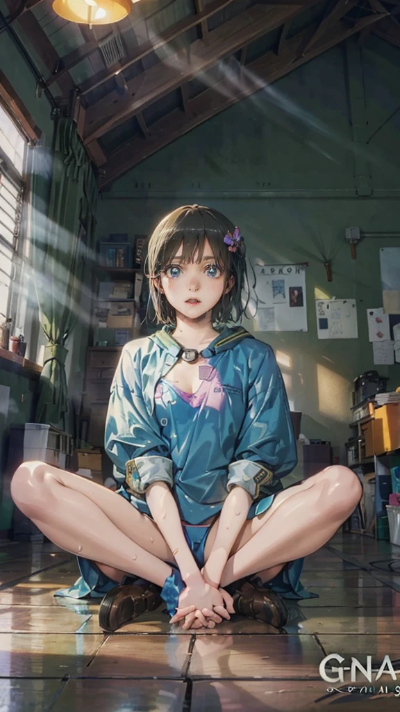 anime - style illustration of a school girl in a transparent thong, dance video game character, official character art, trending on cgstation, e-girl, cushart krenz key art feminine, full body, female action anime girl, sitting and spread legs Posing:1.5, looking at view, sweaty, steamy, (open mouth), (grab your own chest by both hands:1.5)