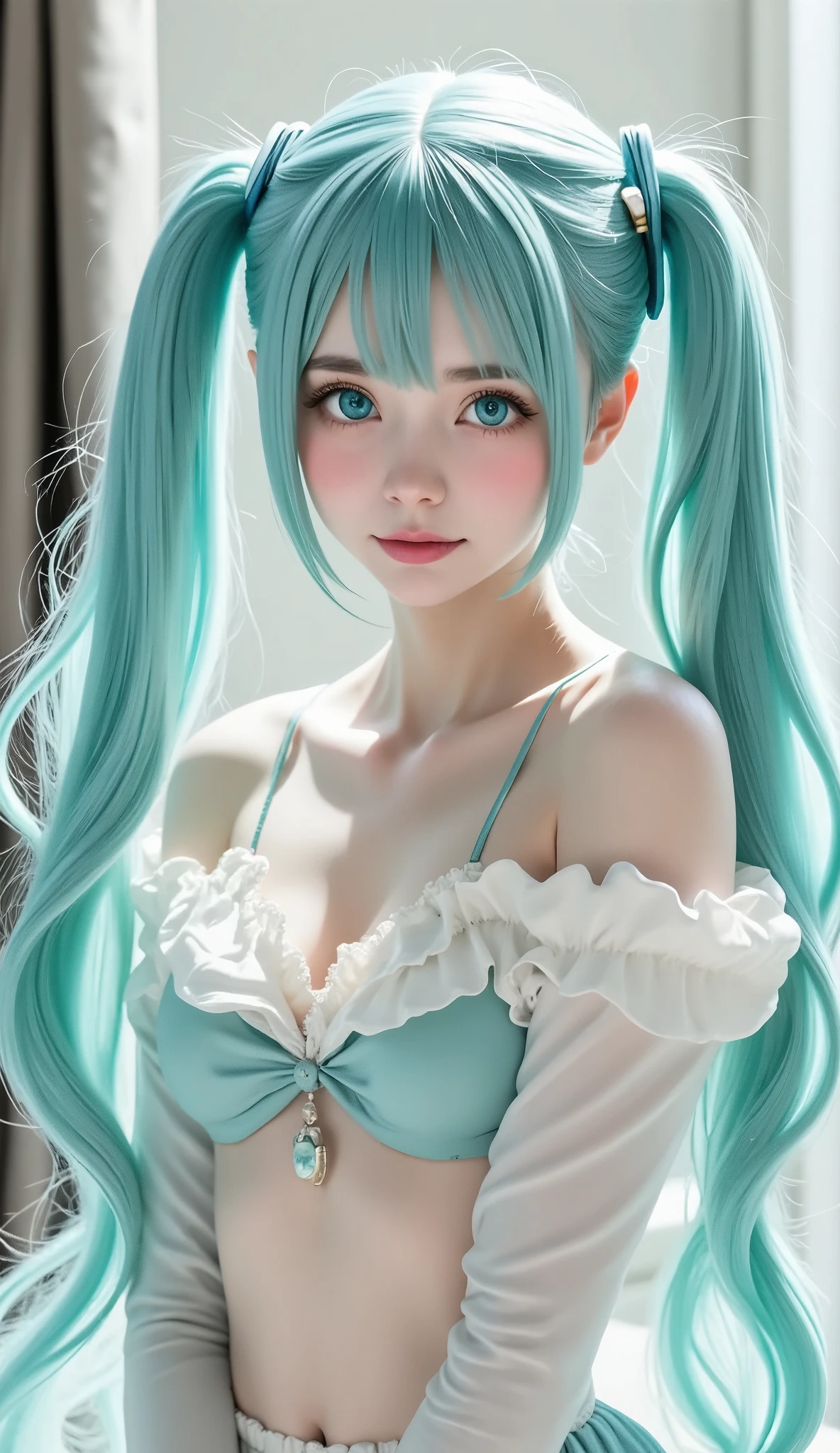 RAW photo、Blue-green hair, Small eyes、Expressionless,Squat Twintails、 Hatsune Miku、Official Art， Unity 8K, wallpaper， very detailed ，aesthetics，masterpiece，Best Quality，Realistic,Photo level、Best Quality、Highest quality、masterpiece、