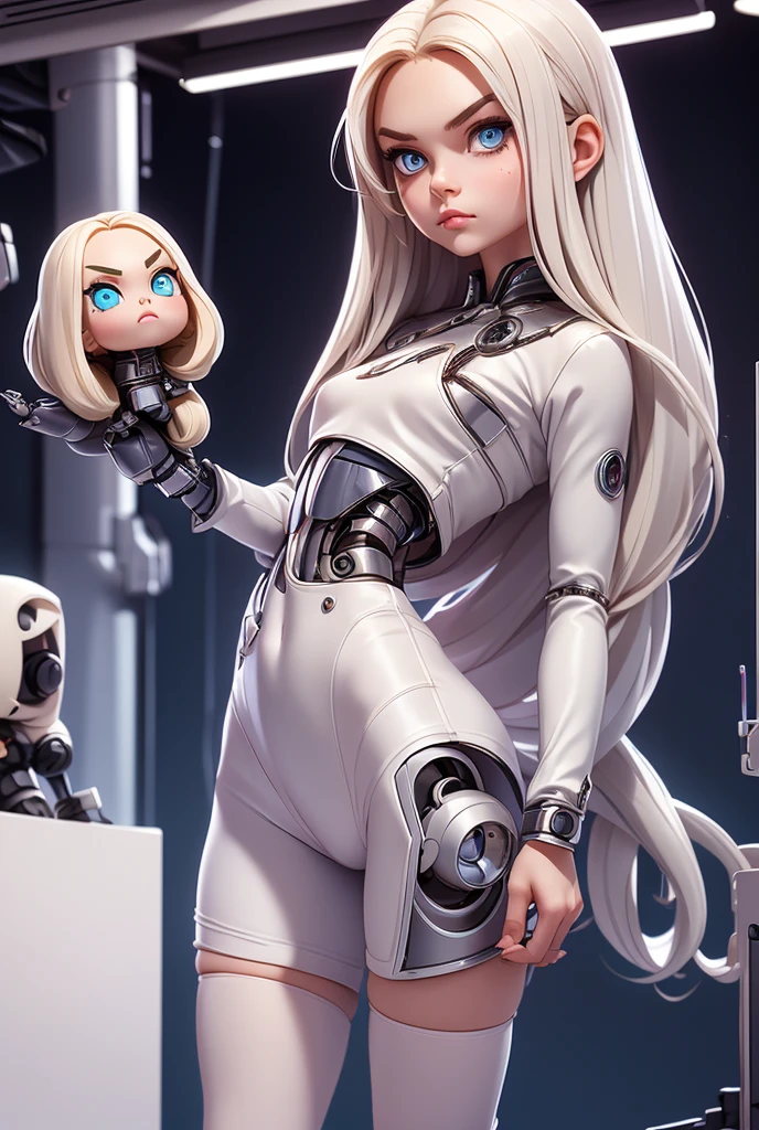  masterpiece , 1 girl,  long hair ,  white hair , blue eyes, doll, robot, annoyed,  full body ,  thin and small,  slender legs , long sleeve blouse,  tight blouse , short pants, mechanical arms, in a technology laboratory, 