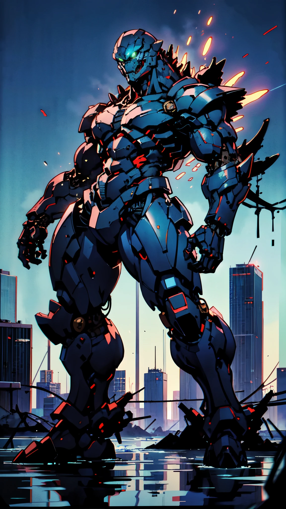 (masterpiece:1.5, best quality:1.5, extremely delicate:1.5), ((male:1.5)), Biomimetic humanoid Mecha, green eyes, fully enclosed shoulder guards, matching arm and leg guards, gemstone, full body, full armor, the design balances heavy with agility, organic biotech armor, (the color scheme is primarily Black and Blue with Red and Purple accents, concept Inspired by Godzilla, glowing eyes, the armor glows), standing, floating high above the futuristic sci-fi city, a finely crafted Super robot in anime style, exquisite and mature art style, metallic, dramatic, high definition, highres, ultra-detailed, ultra-fine painting, professional, anatomically correct, symmetrical face, extremely detailed eyes and face, high quality eyes, creativity, RAW photo, UHD, 32k, Natural light, cinematic lighting, (masterpiece-anatomy-perfect:1.2)