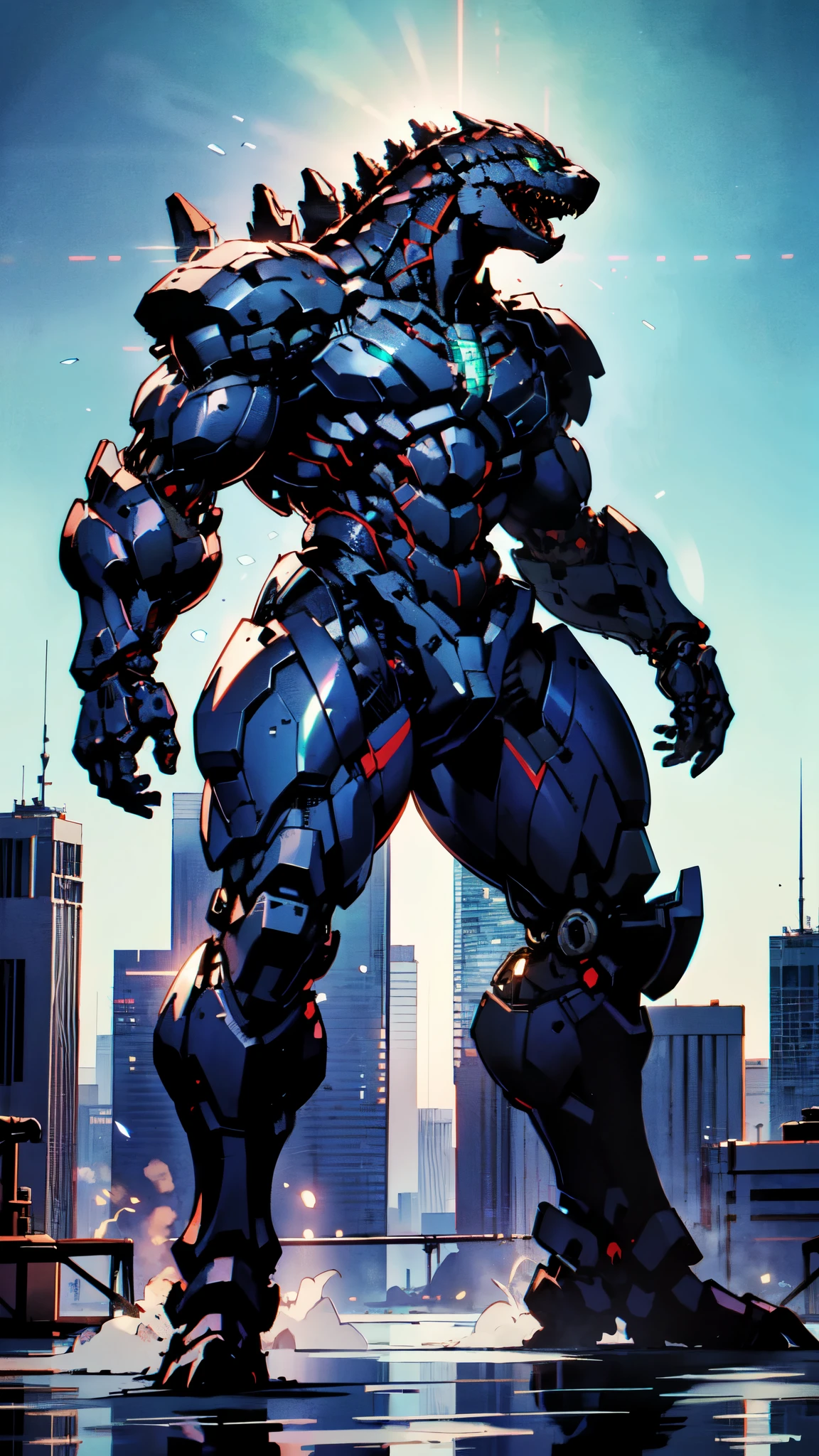 (masterpiece:1.5, best quality:1.5, extremely delicate:1.5), ((male:1.5)), Biomimetic humanoid Mecha, green eyes, fully enclosed shoulder guards, matching arm and leg guards, gemstone, full body, full armor, the design balances heavy with agility, organic biotech armor, (the color scheme is primarily Black and Blue with Red and Purple accents, concept Inspired by Godzilla, glowing eyes, the armor glows), standing, floating high above the futuristic sci-fi city, a finely crafted Super robot in anime style, exquisite and mature art style, metallic, dramatic, high definition, highres, ultra-detailed, ultra-fine painting, professional, anatomically correct, symmetrical face, extremely detailed eyes and face, high quality eyes, creativity, RAW photo, UHD, 32k, Natural light, cinematic lighting, (masterpiece-anatomy-perfect:1.2)