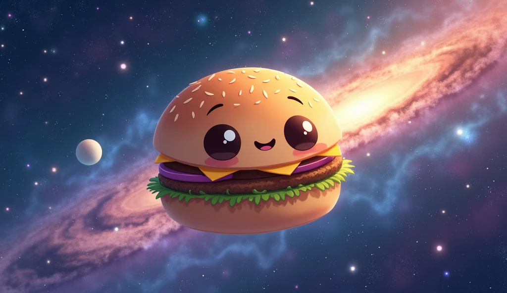 A hamburger floating in space with a cute face.  space background with colorful space nebula , galaxies, and stars. Anime Style Image. Cozy and comforting image .
