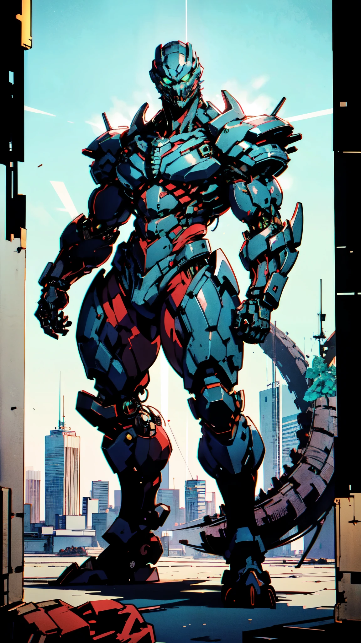(masterpiece:1.5, best quality:1.5, extremely delicate:1.5), ((male:1.5)), Biomimetic humanoid Mecha, green eyes, fully enclosed shoulder guards, matching arm and leg guards, gemstone, full body, full armor, the design balances heavy with agility, organic biotech armor, (the color scheme is primarily Black and Blue with Red and Purple accents, concept Inspired by Godzilla, glowing eyes, the armor glows), standing, floating high above the futuristic sci-fi city, a finely crafted Super robot in anime style, exquisite and mature art style, metallic, dramatic, high definition, highres, ultra-detailed, ultra-fine painting, professional, anatomically correct, symmetrical face, extremely detailed eyes and face, high quality eyes, creativity, RAW photo, UHD, 32k, Natural light, cinematic lighting, (masterpiece-anatomy-perfect:1.2)