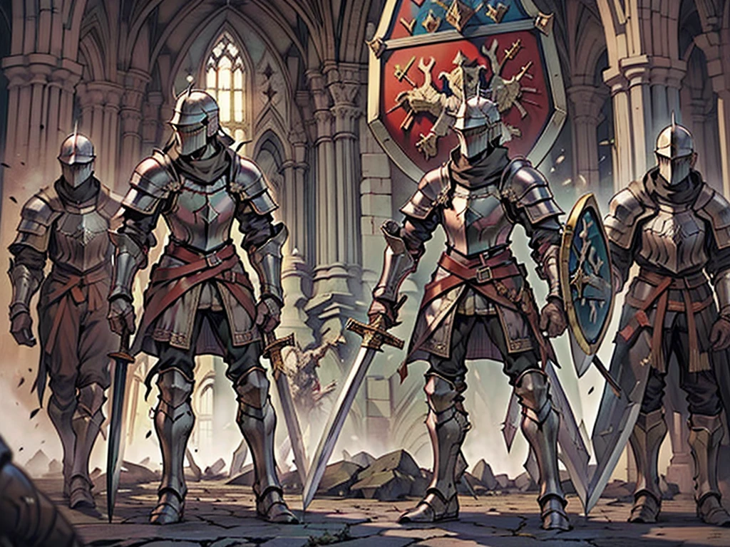 (((Flat Art))),((((((medieval crusaders with shields and swords)))))),( best quality:1.2, absurd,Realistic,Detailed face), 1 girl,Nuns,church,Alternative Hairstyles, detailed background ,knight少女,Front View,,Tattered Dress,Gloves,round face,whole body、boots、Sword Art、,Bravely Default: Flying Fairy, Bravely Default \(series\), Nier,  FINAL FANTASY, Sword Art、 battlefield where many soldiers are fighting,Over_shoulder、盾を構えた少女knight、,medieval armor, armor,, full armor, breastplate, , knight, Gauntlet