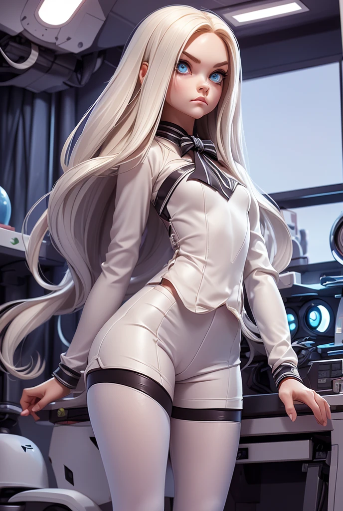  masterpiece , 1 girl,  long hair ,  white hair , blue eyes, doll, robot, annoyed,  full body ,  thin and small,  slender legs , long sleeve blouse,  tight blouse , short pants, mechanical arms, in a technology laboratory, 