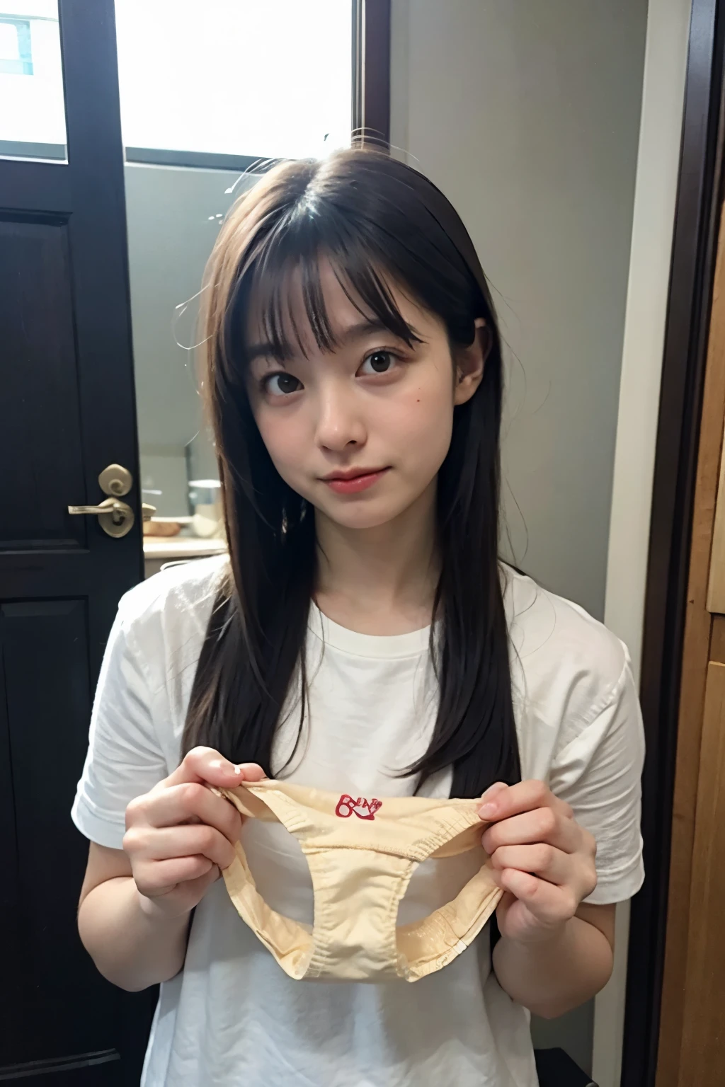 非常に大きく鮮やかなピンク色の panties、 random hairstyles、 focus on the upper body 、 pantiesを前に、 pantiesを見せる、 panties、可愛らしい panties、Completely naked