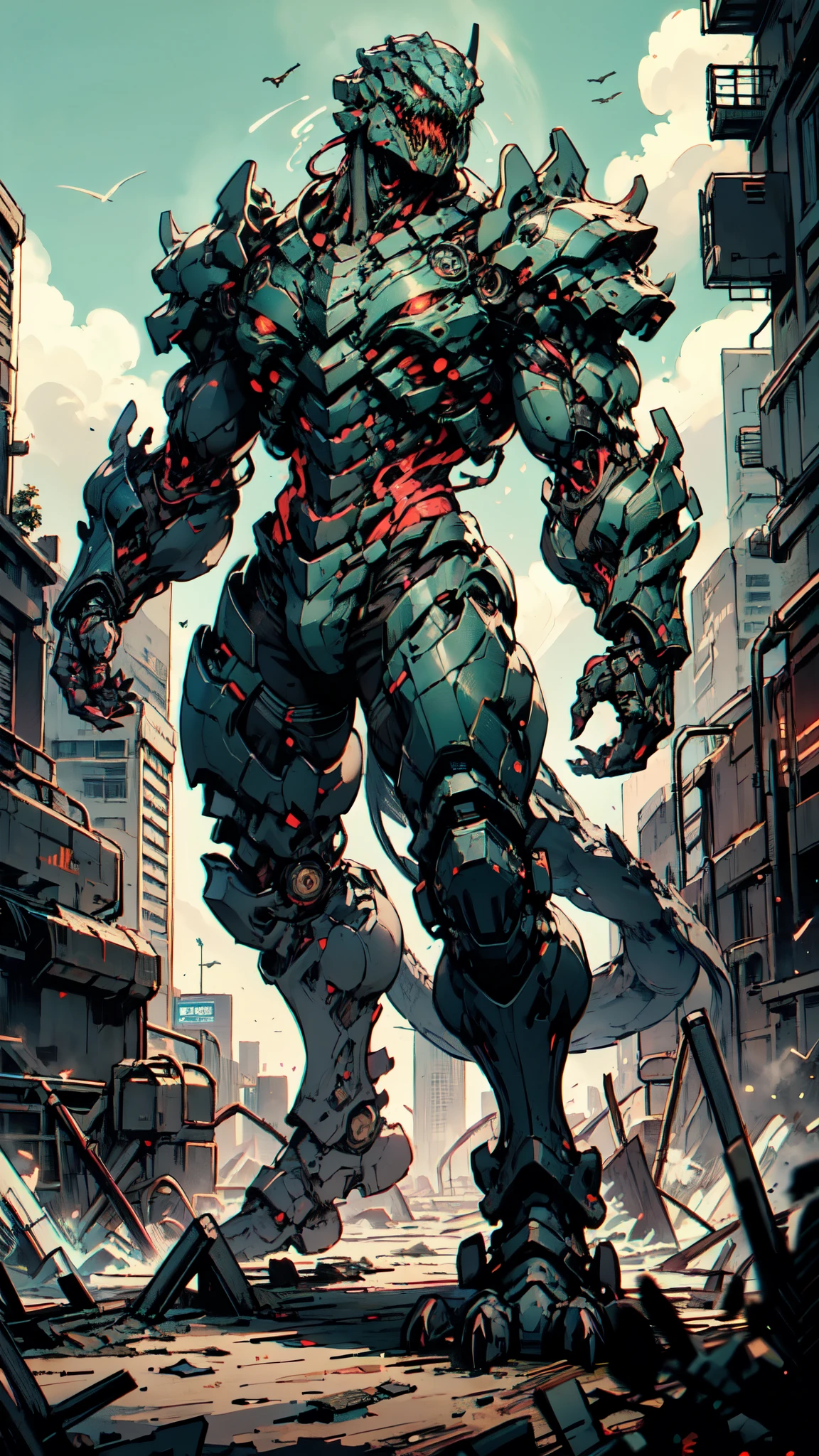 (masterpiece:1.5, best quality:1.5, extremely delicate:1.5), ((male:1.5)), Biomimetic humanoid Mecha, green eyes, fully enclosed shoulder guards, matching arm and leg guards, gemstone, full body, full armor, the design balances heavy with agility, organic biotech armor, (the color scheme is primarily Black and Blue with Red and Purple accents, concept Inspired by Godzilla, glowing eyes, the armor glows), standing, floating high above the futuristic sci-fi city, a finely crafted Super robot in anime style, exquisite and mature art style, metallic, dramatic, high definition, highres, ultra-detailed, ultra-fine painting, professional, anatomically correct, symmetrical face, extremely detailed eyes and face, high quality eyes, creativity, RAW photo, UHD, 32k, Natural light, cinematic lighting, (masterpiece-anatomy-perfect:1.2)