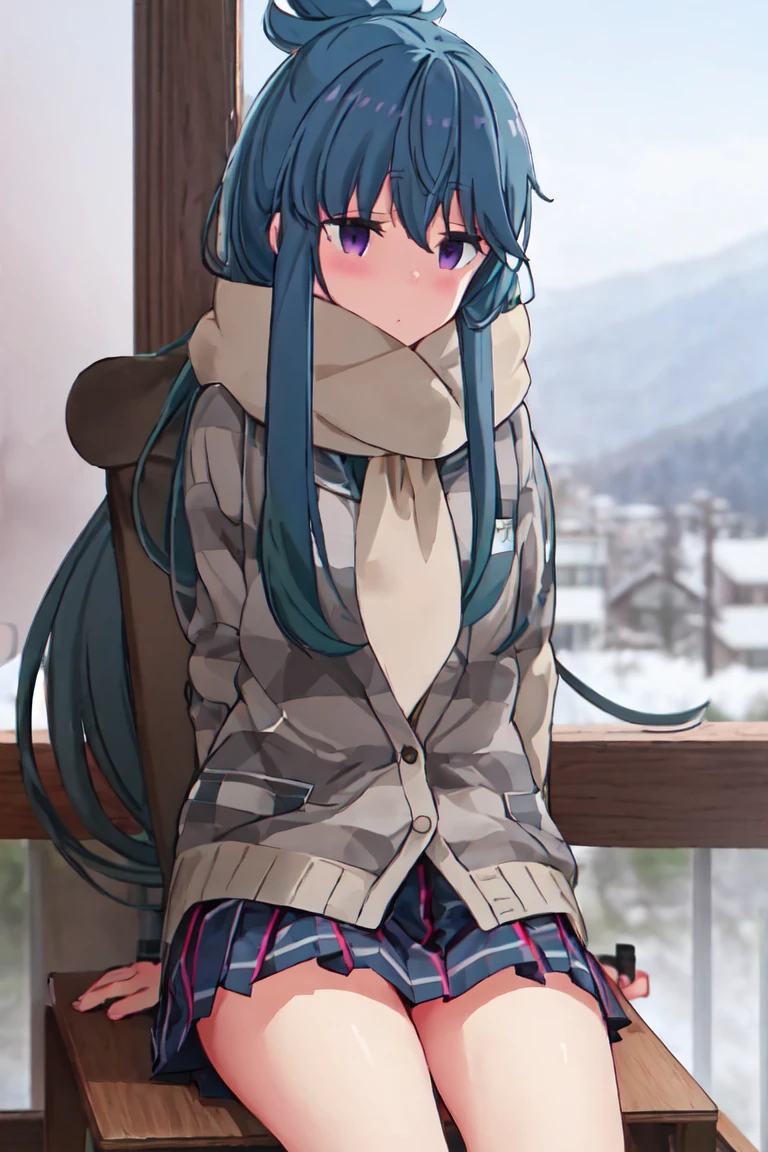 Best Quality, masterpiece,  Kampala, Alone, {Too_Also_Laid-back Camp:1.15},( green_hair), purple_eye, closure_mouth, single_hair_ good, hair_ good,  1 girl, 前hair, Blurred, Blurred_background, (Motosu High School Girls Uniform Winter Clothes :1.3、 Grey Plaid Skirt)、sit、Spread your legs out to the side、Cute Panties