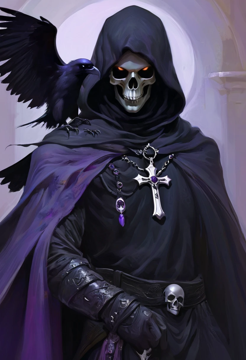 (dark fantasy).(realistic illustration:1.4). A male hooded shadow wraith, obsidian skin, a being of pure shadow. with violet eyes, ((black obsidian skull face)), black armor, cross pendant, tall, imposing, with his raven bird