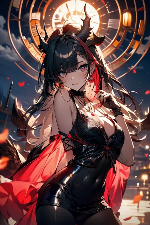 masterpiece、High image quality、Kampala  、Red eyes、  red dress  、  skull tattoo on her thigh  、Arm tattoo、Narrow eyes、smile、Cow horn
It's 、 a gothic devil girl 、  with wings like a bat on her shoulder  , Gothic art, Beautiful Succubus,  Devil's anime girl ,   Beautiful and graceful Devil King  ,  tight ,   Short dress   ,    a succubus with a black dress and angel wings  、   a dark angel inspired by raccoons   ,   the background is a moonlit castle  、The whole body is visible、
 blush,  opens her mouth,  due to abdominal pain, teeth,  stick out your tongue, Symmetrical, 