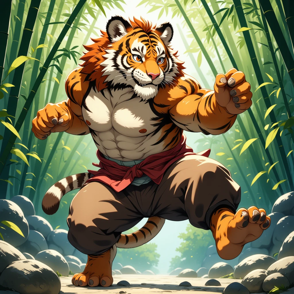 character focus, full body, looking away, dynamic angle, monk, a middle-aged tiger man, costume clothes, robe, shirt, pants, standing, action, kick, dynamic pose, BREAK full body in Michelangelo Buonarroti style, housamo style, digital illustration anime, detailed painting landscape, chinese bamboo forest, outdoor, full color, HDR, BREAK complete anatomy, perfect proportions, beautiful thigh gap, fluffy body, intricate fur details, beautiful fur texture, BREAK a detailed tiger 1tail, detailed toe, 5toes, 5toes nails, beautiful foot, detailed hands, 5fingers, 5fingers nails, BREAK aesthetic anime face, insanity detailed face, male face, big face, square jawline, aesthetic anime eyes, detailed brown eyes, detailed brown cornea, detailed dark brown irises, detailed pupils, male eyes, big eyes, male eyebrows, innocent look, beautiful beard, BREAK masterpiece, official art, best quality, very aesthetic, absurdres, super fine illustration, great quality, BREAK noise reduction, very highres, large filesize, high quality, 32K, 8k wallpaper, dynamic lighting, BREAK insanity detailed, ultra detailed, intricate details, extremely detailed, detailed texture, an extremely delicate and beautiful, BREAK e621 illustration, osukemo, kemohomo, anthropomorphic, furry, cartoon, harmonious body, pastoral face, virtuous eyes, epic atmosphere