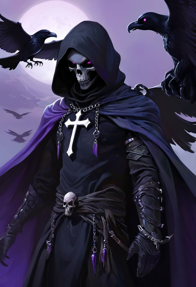 (dark fantasy).(realistic illustration:1.4). A male hooded shadow wraith, obsidian skin, a being of pure shadow. with ((violet eyes)), ((black obsidian skull face)), black armor, cross pendant, tall, imposing, with his raven bird