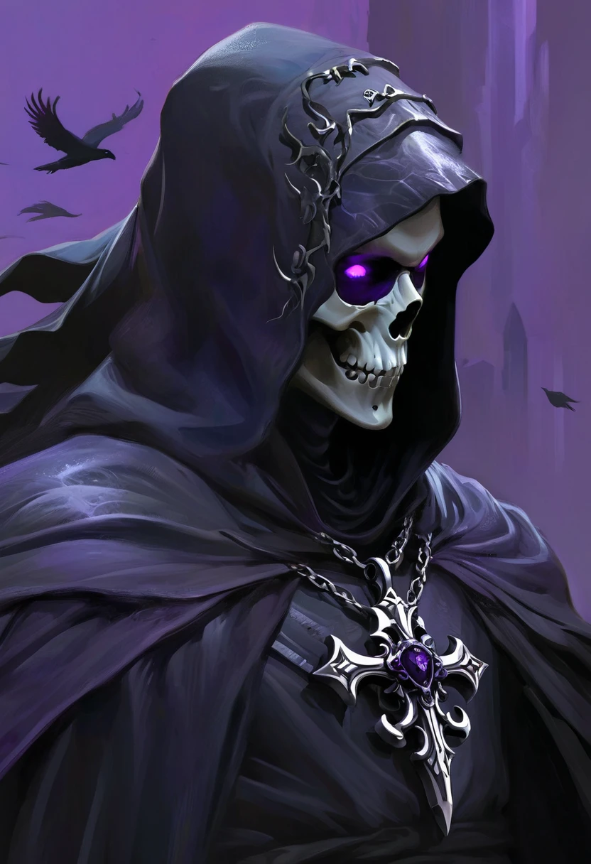 (dark fantasy).(realistic illustration:1.4). A male hooded shadow wraith, obsidian skin, a being of pure shadow. with ((violet eyes)), ((black obsidian skull face)), black armor, cross pendant, tall, imposing, with his raven bird