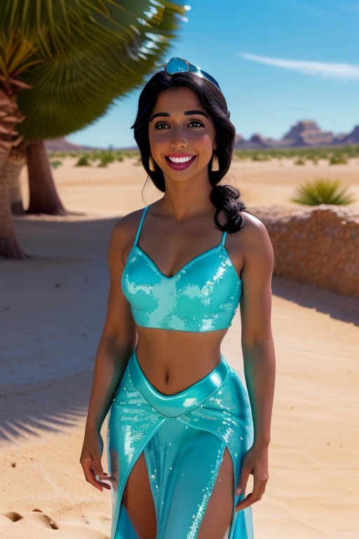 Sexy Busty Voluptuous skimpy Buff Muscular athletic Smiling cheerful tan Naomi Scott's princess Jasmine from Disney's Aladdin with very long down loose black hair down to her hips wearing shiny sparkling sequined turquoise in the desert oasis by the lake on a hot sunny summer day