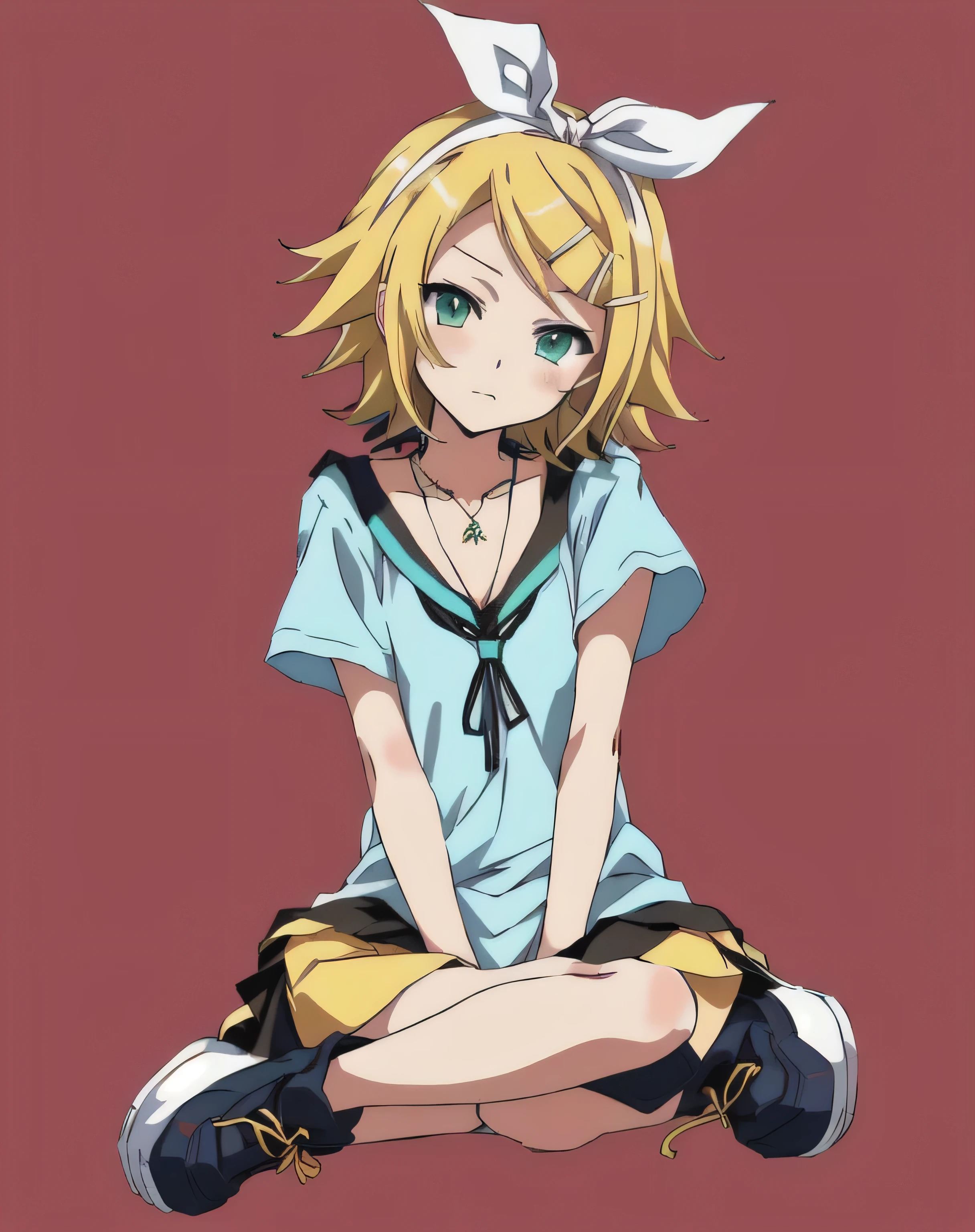 anime girl が地面に座っており、首に首飾りをつけている, Anime style”, Kagamine Rin, by EiQ, Human Flow, anime styleキャラクター, dark-haired woman's tan skin wearing a necklace around her neck !, anime style, anime girl がしゃがみ込んで , Relax Pose , Rei Hiroe, with a girl with short curly blond hair, anime style, anime girl , Sitting pose