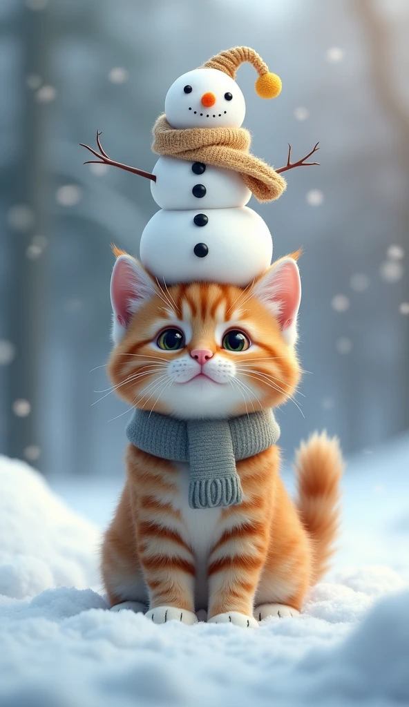 Cat with a snowman on its head、cute、Digital Art、photo、