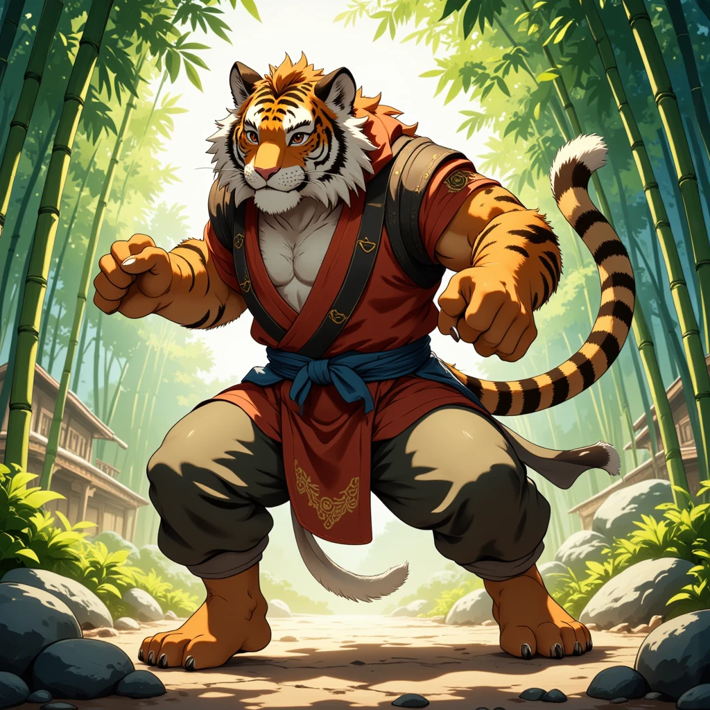 character focus, full body, looking away, dynamic angle, monk, a middle-aged tiger man, costume clothes, robe, shirt, pants, standing, action, kick, dynamic pose, BREAK full body in Michelangelo Buonarroti style, housamo style, digital illustration anime, detailed painting landscape, chinese bamboo forest, outdoor, full color, HDR, BREAK complete anatomy, perfect proportions, beautiful thigh gap, fluffy body, intricate fur details, beautiful fur texture, BREAK a detailed tiger 1tail, detailed toe, 5toes, 5toes nails, beautiful foot, detailed hands, 5fingers, 5fingers nails, BREAK aesthetic anime face, insanity detailed face, male face, big face, square jawline, aesthetic anime eyes, detailed brown eyes, detailed brown cornea, detailed dark brown irises, detailed pupils, male eyes, big eyes, male eyebrows, innocent look, beautiful beard, BREAK masterpiece, official art, best quality, very aesthetic, absurdres, super fine illustration, great quality, BREAK noise reduction, very highres, large filesize, high quality, 32K, 8k wallpaper, dynamic lighting, BREAK insanity detailed, ultra detailed, intricate details, extremely detailed, detailed texture, an extremely delicate and beautiful, BREAK e621 illustration, osukemo, kemohomo, anthropomorphic, furry, cartoon, harmonious body, pastoral face, virtuous eyes, epic atmosphere