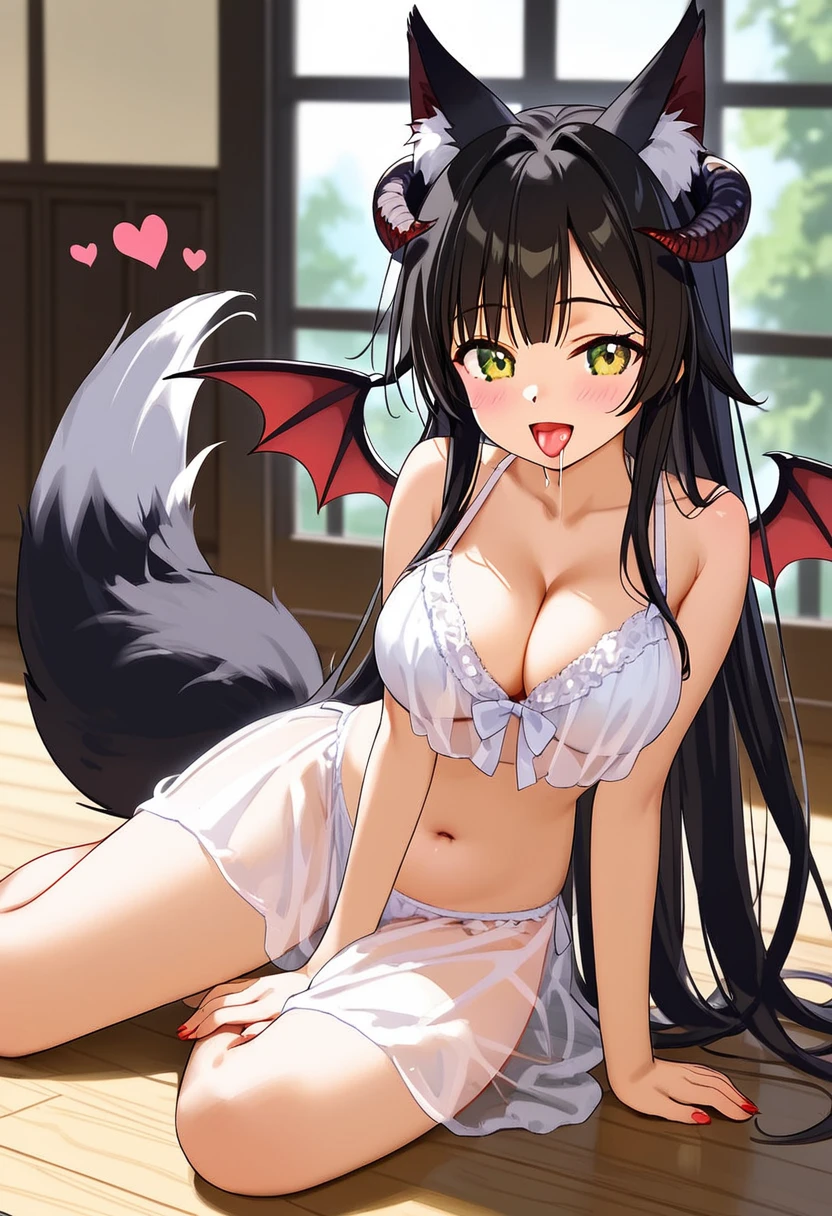 Uma garota furry de anime loba succubo, with fox ears, fox tail,  small horns on the head ,  demonic tail with a heart tip, fallen on the floor, with both hands face , open mouth,  tongue out , drooling,  heart on the pupil of the eyes , belly button,  magic symbol on the belly , with bat wings, Her face must be delicate , com um olhar Sensual e confiante.  The proportions must be harmonious , com um toque de Sensualidade suave e sofisticado." Enchi, transparent clothing, Sensual, sneaking out ,  attack position.Full HD, an illustration by Kentaro Miura, pixiv,cute style ,  Seductive anime girl , Ecchi, Oppai, (sfw), (transparent clothing), using a kemomo, With cleavage, as sitiãn,  beautiful and attractive furry anime teen,  with emphasis on large breasts  (oppai),  viewed from bottom to top,