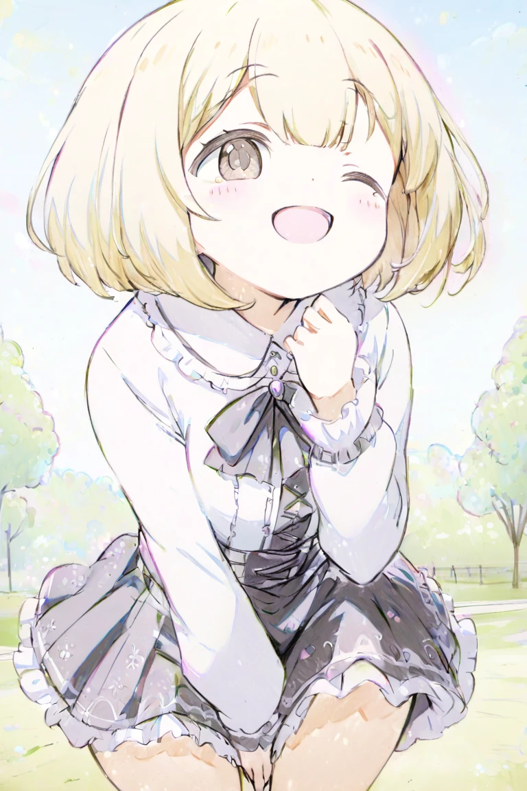 (masterpiece, best quality, hyper detailed:1.2), cute, dreamy atmosphere,
1girl, short, slender, fair skin, blonde bob cut, big droopy eyes, dark brown eyes,
gothic lolita, hands between legs, standing, in park, blue sky, one eye closed,
happy, laughing, looking away, cowboy shot,