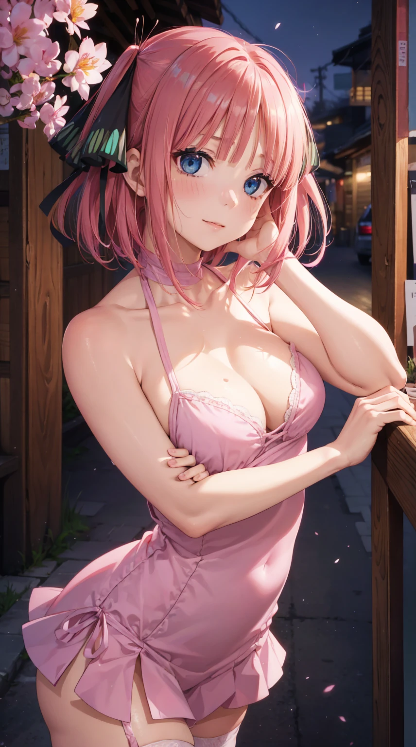 (8K, ​masterpiece, Best Quality, ultra-detailliert, Professional Lighting, perfect anatomy, anime colored), dynamic angle, 24yo beautiful 1woman, Japanese, large breasts, (completely nude:1.5), (pink naked apron:1.5), bare head, bare arms, bare legs, curvy, pale skin, gleaming skin, (outstretched arms, arms up), (hang out one's laundry:1.4), (clothes hanger), (Hands on laundry:1.5), brown hair, long hair, sidelock, (single braid:1.3), straight hair, (embarrassed:1.5), blue eyes, tareme, (in home balcony:1.2), outdoor, stand, looking to the side, sunlight, blue sky, (fence, 2nd floor), japan house background, laundry