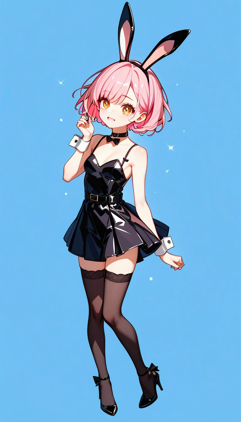  High image quality 、high quality、 one girl playing pranks、 pink hair、 short haired 、 golden eyes、Small breasts、 cleavage、 simple background、Fisheye Lens、Shooting from above、 The girl is looking at the camera、 face up 、Looking up、 High Heels 、 bunny girl、black stockings、choker with small ribbon、Sulking