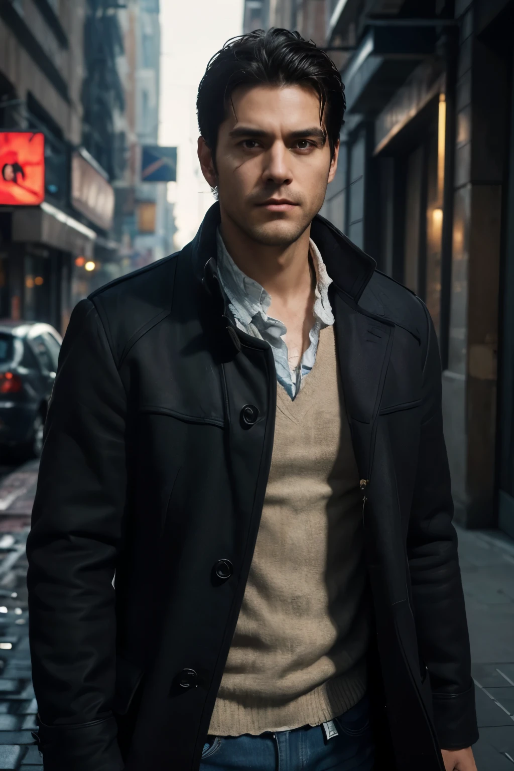  Alex Carter

Age : 35 years
Height : 1,80 m Weight: 80 kg Appearance:  system Dark and messy hair ,  brown eyes,  face marked by a light beard .
Clothing:  A dark overcoat ,  crumpled white shirt and frayed denim pants. 
personality: Cynical, Determined, with a strong sense of justice,  but disappointed with the .