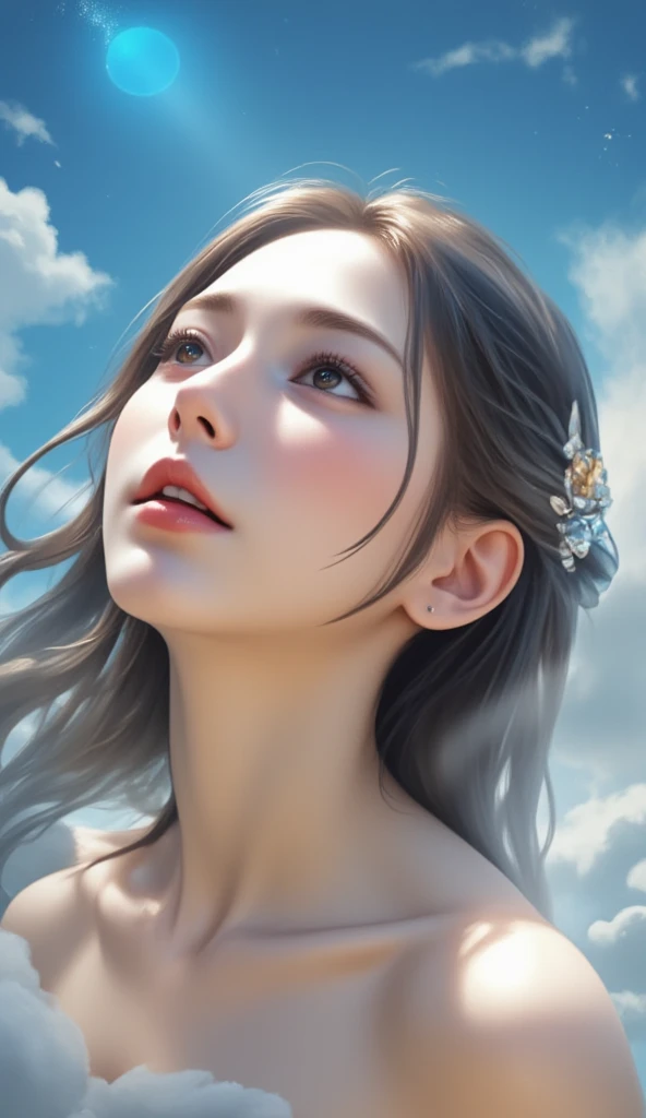 A beautiful woman looking at the sky