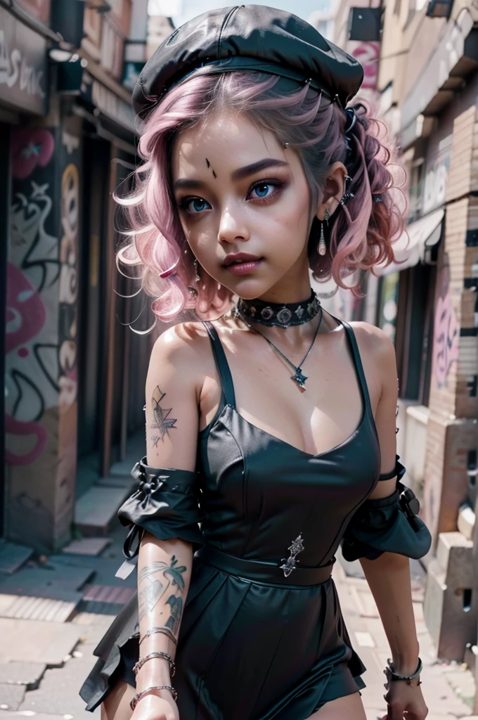 Extremely beautiful woman, mysterious provocative face, wearing a gray suit with a black tie, wearing a black cap, wearing a silver chain with a pendant, beautiful, intricate, highly detailed, beautifully perfect look, brown detailed eyes, (with pink curly hair) with a naughty face, with her hand on her face, colorful graffiti background, extreme depth and detail, soft lighting, vibrant colors, ultra realistic Full HD 4K image.