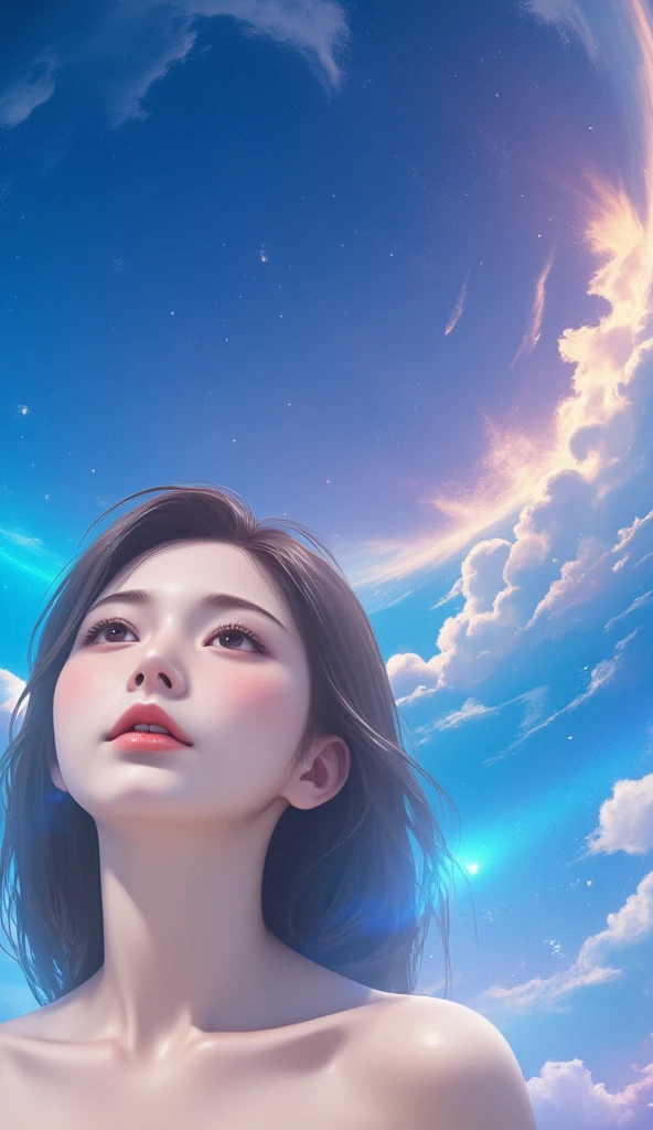 A beautiful woman looking at the sky, digital painting, digital illustration, extreme detail, digital art, 4k, ultra HD