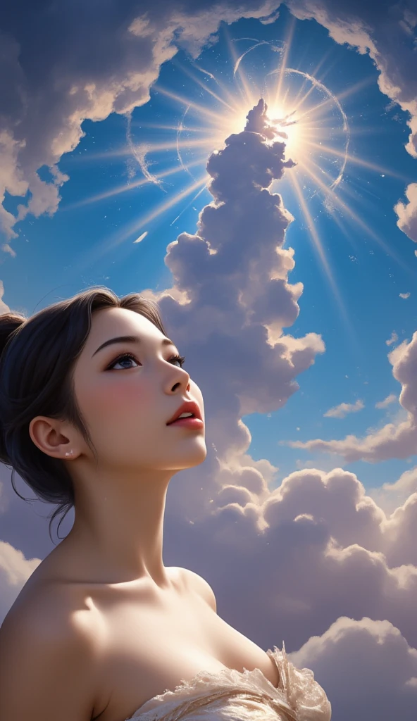 A beautiful woman looking at the sky, digital painting, digital illustration, extreme detail, digital art, 4k, ultra HD