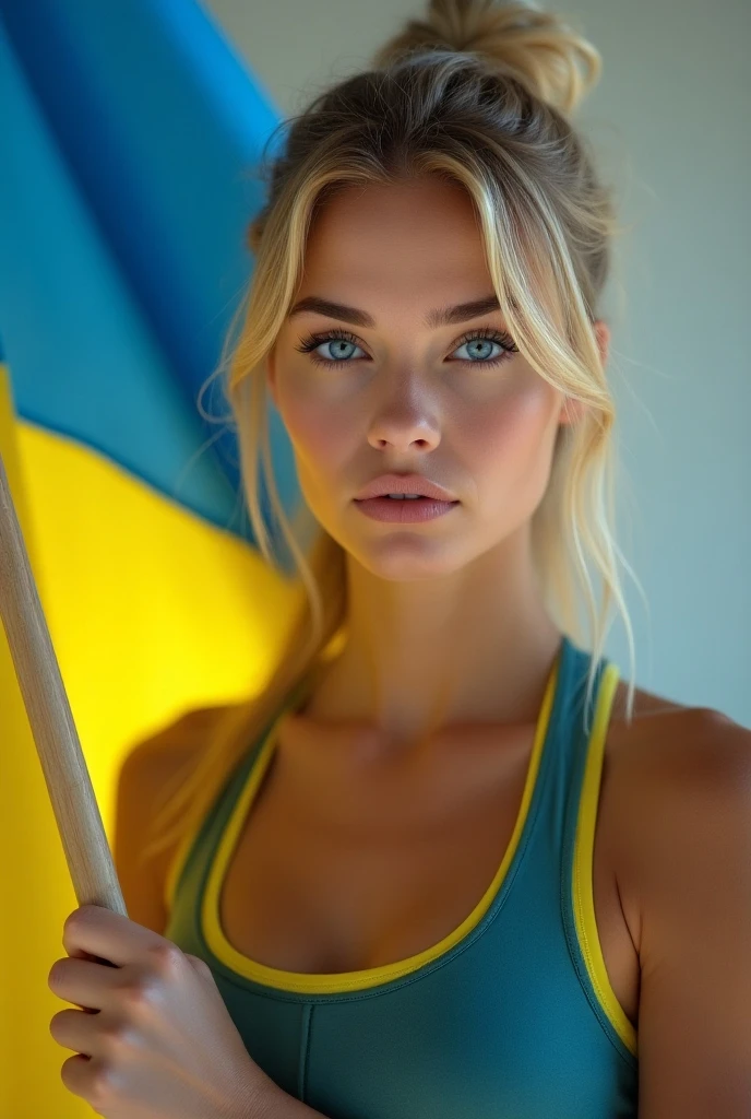 A woman who is older than 35 years, with a confident look and charisma, attractive and sexually attractive. She can have delicate white underwear, emphasized forms, well-groomed appearance and looks confident. The flag of Ukraine is in the background wheat field