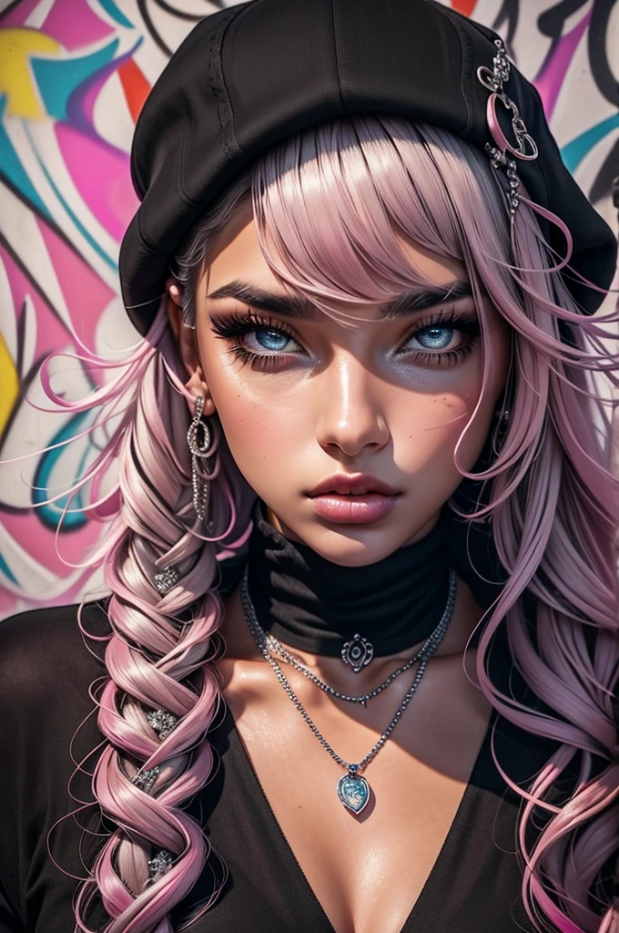 Extremely beautiful woman, mysterious provocative face, wearing a gray suit with a black tie, wearing a black cap, wearing a silver chain with a pendant, beautiful, intricate, highly detailed, beautifully perfect look, brown detailed eyes, (with pink curly hair) with a naughty face, with her hand on her face, colorful graffiti background, extreme depth and detail, soft lighting, vibrant colors, ultra realistic Full HD 4K image.