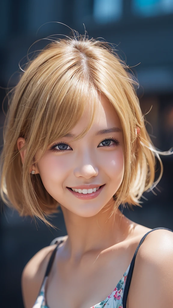 (Highest quality、8k、32K、Masseter region、Ultra-high resolution:1.2)、Cute Japanese Women Photos、1 person、(Huge boobs)、(Tall Woman)、(Abdominal muscles)、(The repos is closed、(Medium short blonde)、smile、double eyelid、Wet Skin、String、Realistic light rays、Beach