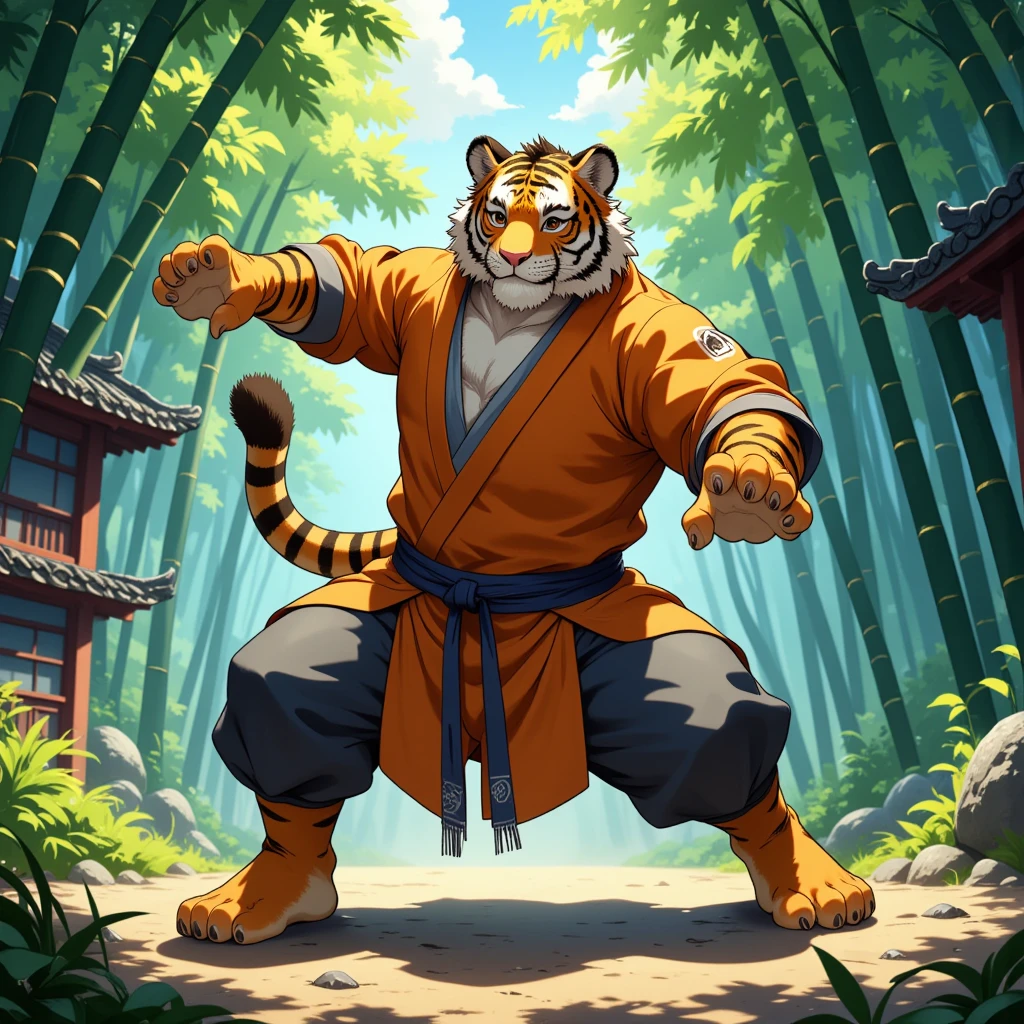 character focus, full body, looking away, dynamic angle, monk, a middle-aged tiger man, costume clothes, robe, shirt, pants, standing, action, kick, dynamic pose, BREAK full body in Michelangelo Buonarroti style, housamo style, digital illustration anime, detailed painting landscape, chinese bamboo forest, outdoor, full color, HDR, BREAK complete anatomy, perfect proportions, beautiful thigh gap, fluffy body, intricate fur details, beautiful fur texture, BREAK a detailed tiger 1tail, detailed toe, 5toes, 5toes nails, beautiful foot, detailed hands, 5fingers, 5fingers nails, BREAK aesthetic anime face, insanity detailed face, male face, big face, square jawline, aesthetic anime eyes, detailed brown eyes, detailed brown cornea, detailed dark brown irises, detailed pupils, male eyes, big eyes, male eyebrows, innocent look, beautiful beard, BREAK masterpiece, official art, best quality, very aesthetic, absurdres, super fine illustration, great quality, BREAK noise reduction, very highres, large filesize, high quality, 32K, 8k wallpaper, dynamic lighting, BREAK insanity detailed, ultra detailed, intricate details, extremely detailed, detailed texture, an extremely delicate and beautiful, BREAK e621 illustration, osukemo, kemohomo, anthropomorphic, furry, cartoon, harmonious body, pastoral face, virtuous eyes, epic atmosphere