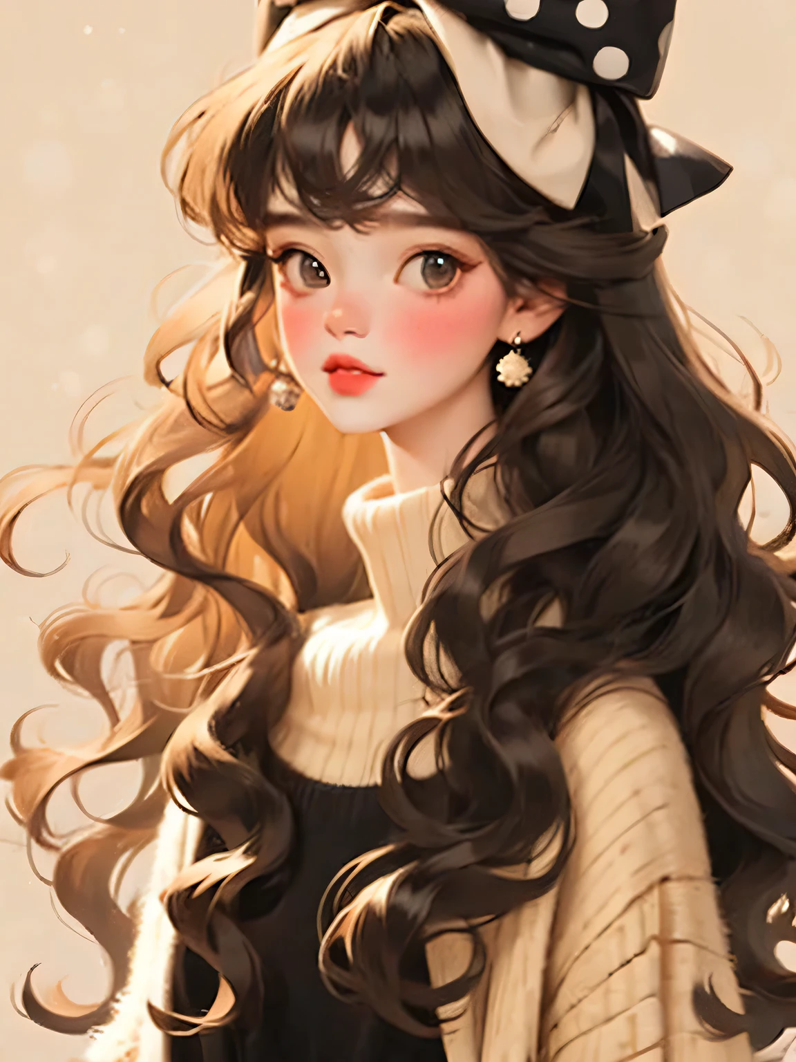 (masterpiece, best quality:1.2),a beautiful girl，Skin detail processing，The eyes are finely described，Delicate hair，wavy long hair，Long light hair，Wear a large bow on your head，Black Sweater，white dots，Retro contrasting colors，clean background