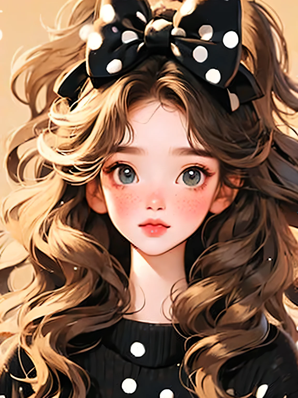 (masterpiece, best quality:1.2),a beautiful girl，Skin detail processing，The eyes are finely described，Delicate hair，wavy long hair，Long light hair，Wear a large bow on your head，Black Sweater，white dots，Retro contrasting colors，clean background