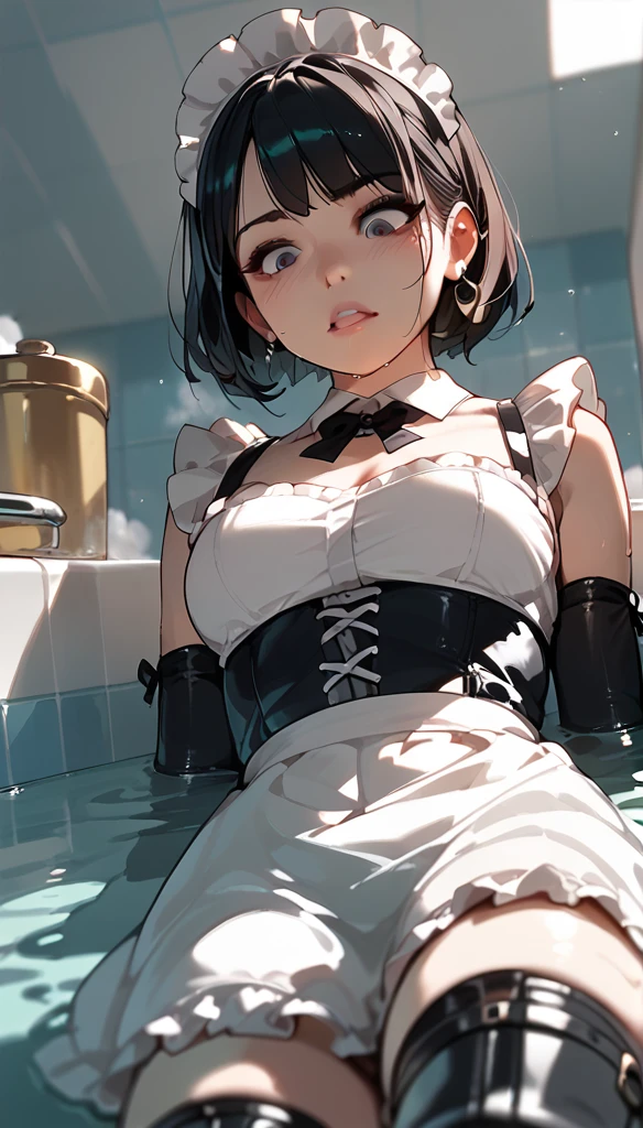 Anime Women,  maid clothes, Thigh boots drowning in the bath, elbow gloves, Alone, straddling on face, Push your head under the bath water, From below, looking down, Point of View Shot