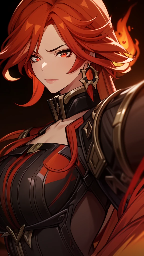 a giant breasted demon girl with fiery red hair, casting fire spells, ultra-detailed, extremely realistic, photorealistic, masterpiece, best quality, 8k, hyperrealistic, hyper detailed, physically-based rendering, sharp focus, vivid colors, dramatic lighting, cinematic, dark, moody, sinister, mysterious, alluring, sensual, provocative