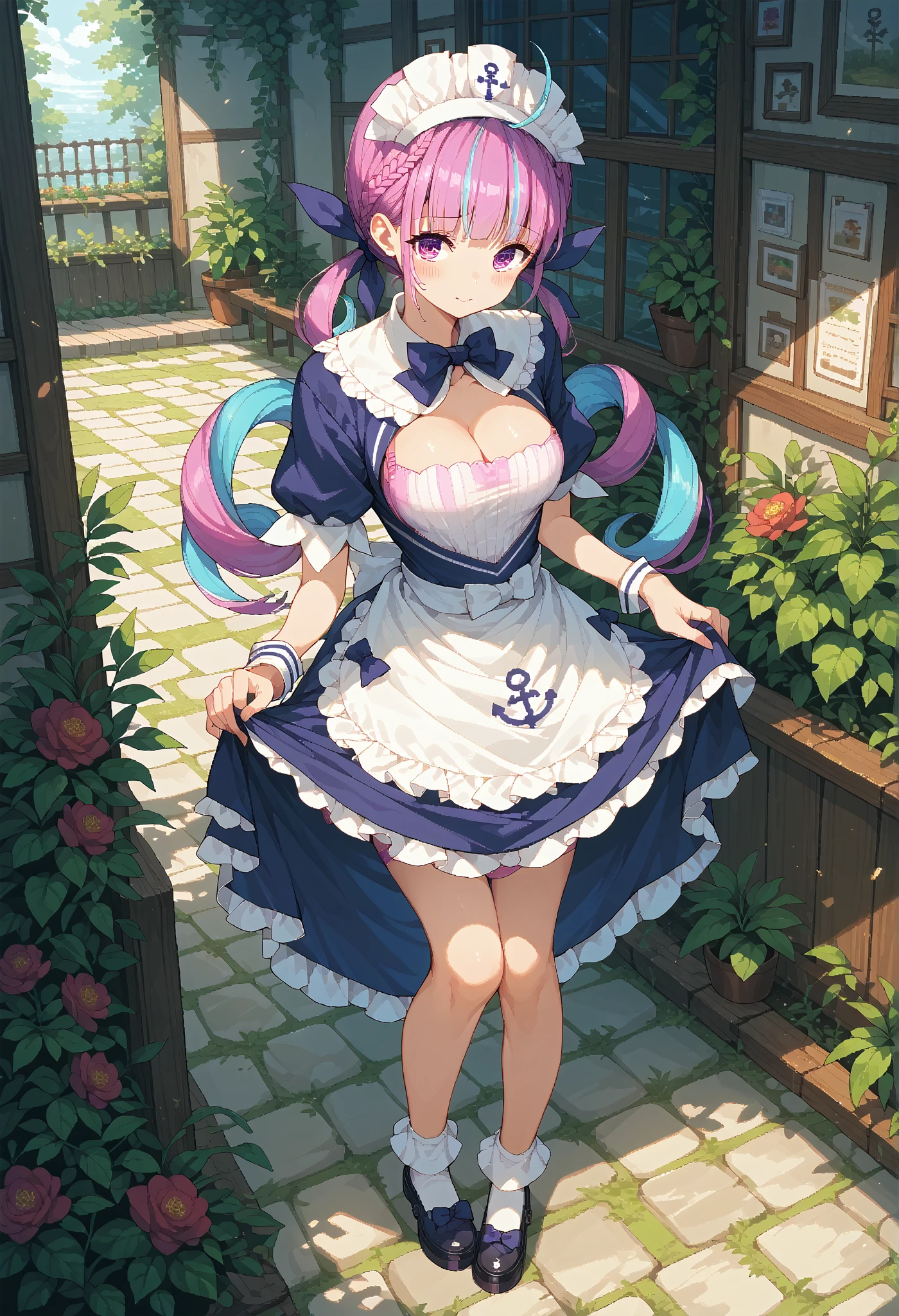 garden、 Minato Akua in pink underwear、 pixel art, maid clothes、 cleavage、Lift up your skirt