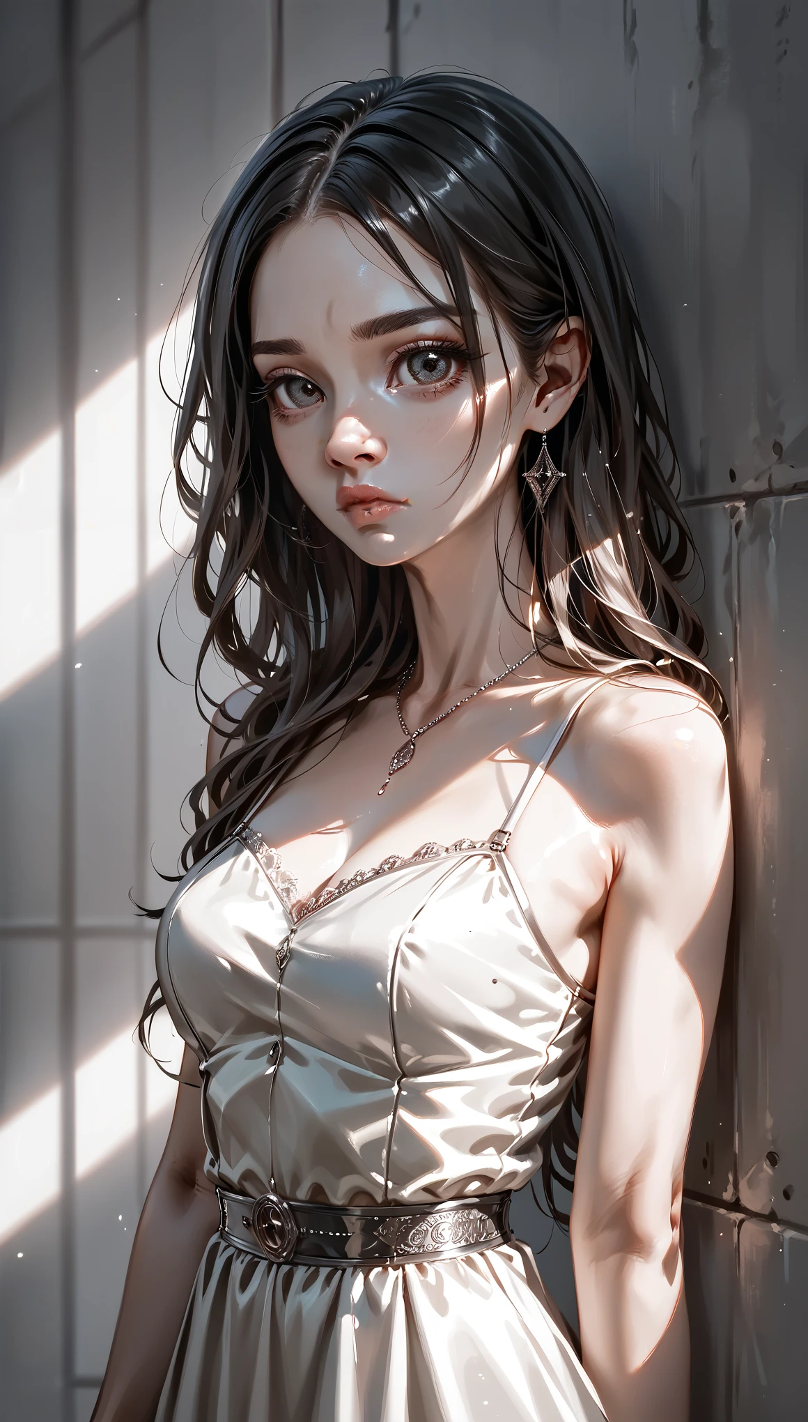 score_9、score_8_up、score_7_up, A beautiful girl leaning against a wall, sad expression, detailed face, long eyelashes, delicate lips, porcelain skin, elegant dress, cinematic lighting, dramatic shadows, muted color palette, melancholic atmosphere, intricate background details, cinematic composition, masterpiece, photorealistic, 8k, high quality