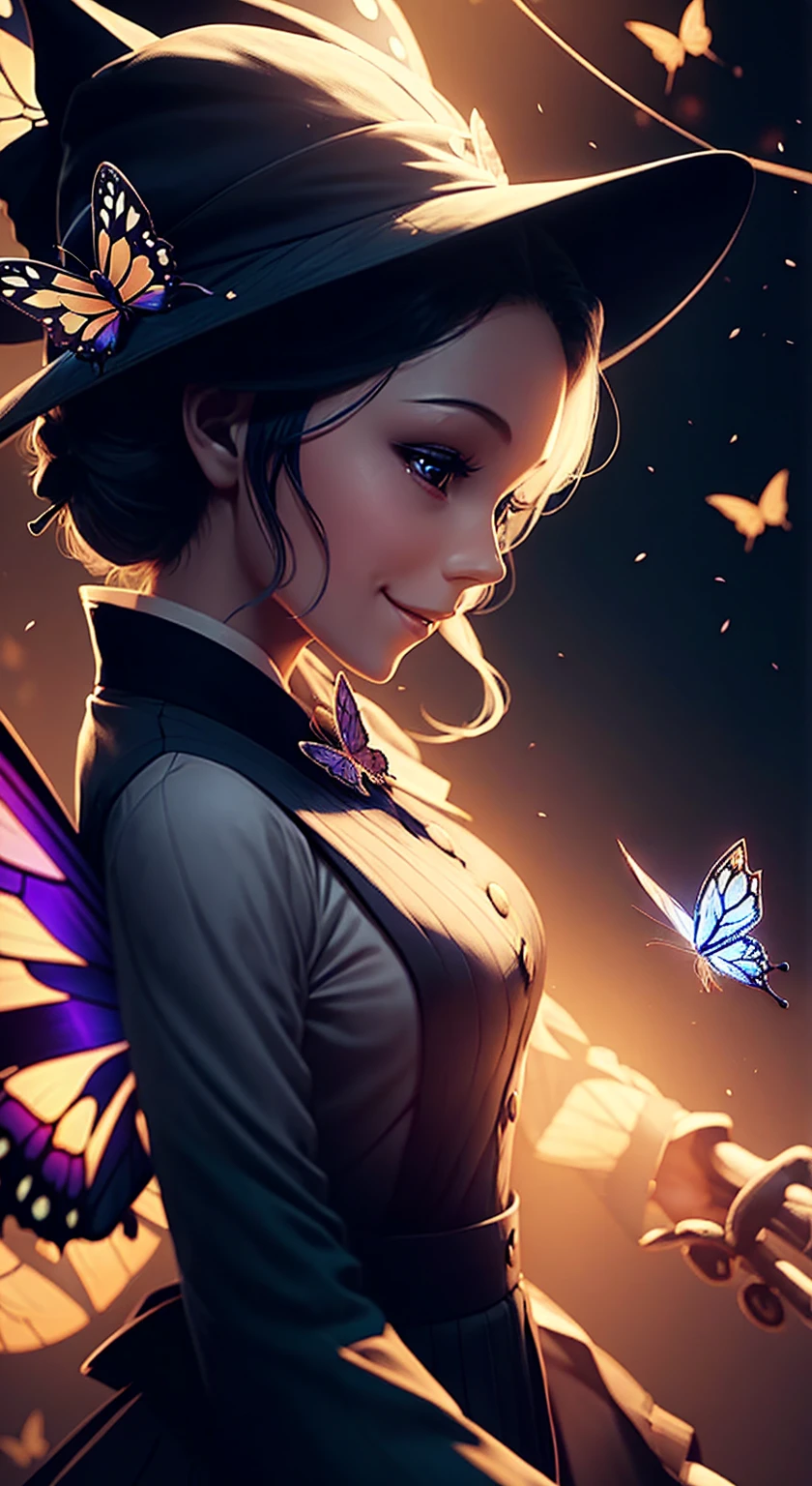 Butterflies are flying、A school uniform with a butterfly-like haori、Poisonous、smile。Beauty、Upstyle Hair、Blue butterfly hair ornament,Ultra-clear,Witch girl、 witch hat 、 Halloween background、 Bats Flying Over 、 witch hat をかぶる