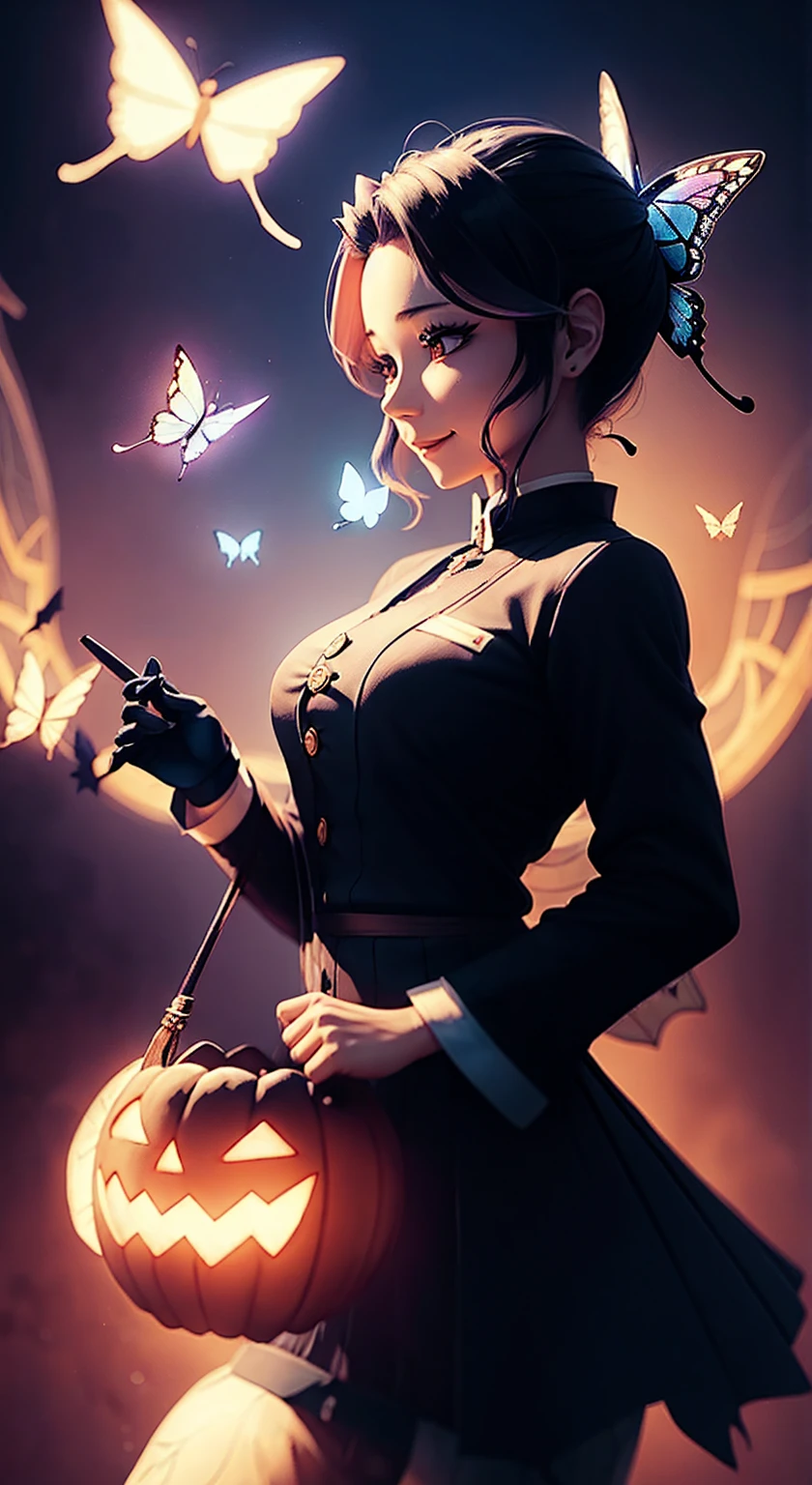 Butterflies are flying、A school uniform with a butterfly-like haori、Poisonous、smile。Beauty、Upstyle Hair、Blue butterfly hair ornament,Ultra-clear,Witch girl、 witch hat 、 Halloween background、 Bats Flying Over 、 witch hat をかぶる