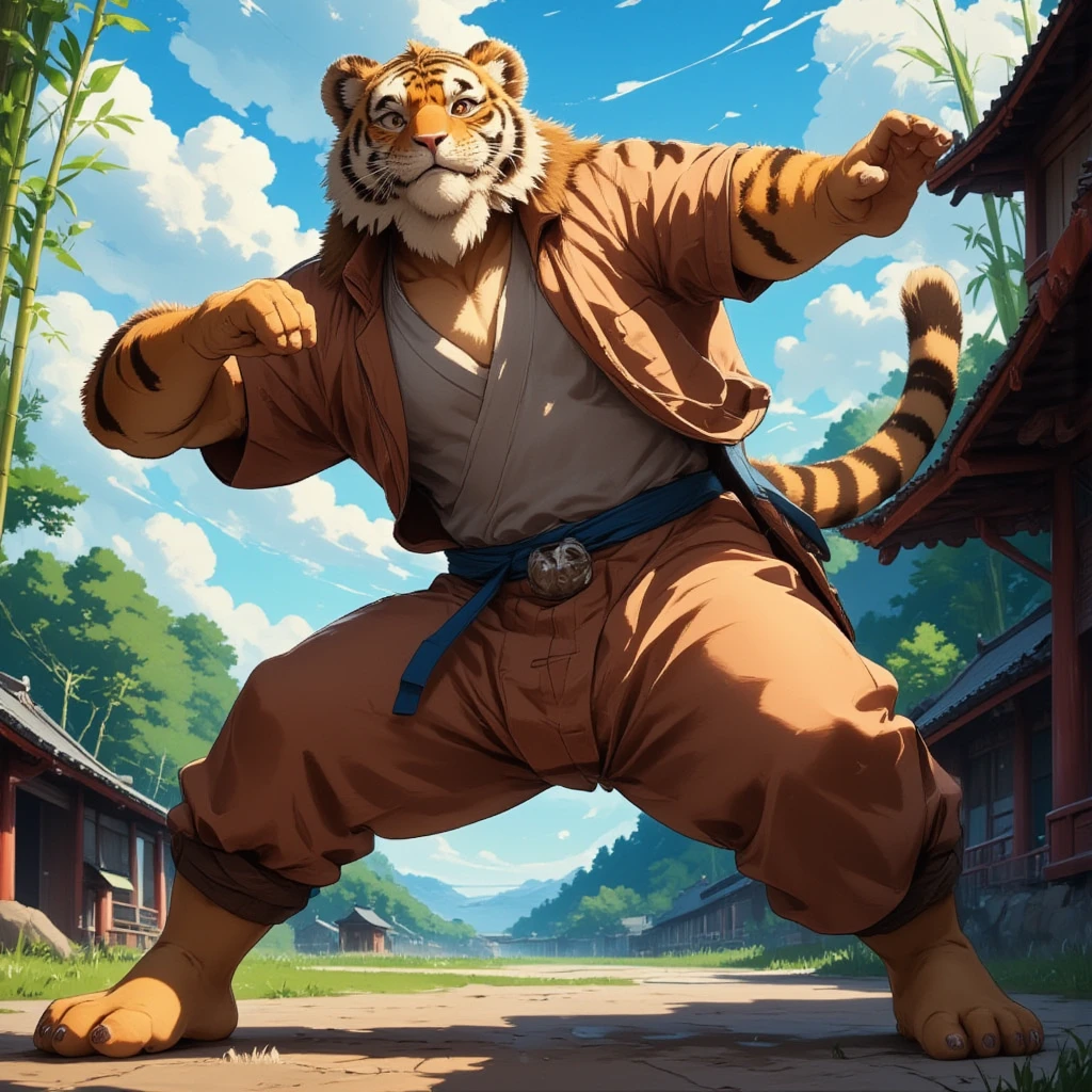 character focus, full body, looking away, dynamic angle, monk, a middle-aged tiger man, costume clothes, robe, shirt, pants, standing, action, kick, dynamic pose, BREAK full body in Michelangelo Buonarroti style, housamo style, digital illustration anime, detailed painting landscape, chinese bamboo forest, outdoor, full color, HDR, BREAK complete anatomy, perfect proportions, beautiful thigh gap, fluffy body, intricate fur details, beautiful fur texture, BREAK a detailed tiger 1tail, detailed toe, 5toes, 5toes nails, beautiful foot, detailed hands, 5fingers, 5fingers nails, BREAK aesthetic anime face, insanity detailed face, male face, big face, square jawline, aesthetic anime eyes, detailed brown eyes, detailed brown cornea, detailed dark brown irises, detailed pupils, male eyes, big eyes, male eyebrows, innocent look, beautiful beard, BREAK masterpiece, official art, best quality, very aesthetic, absurdres, super fine illustration, great quality, BREAK noise reduction, very highres, large filesize, high quality, 32K, 8k wallpaper, dynamic lighting, BREAK insanity detailed, ultra detailed, intricate details, extremely detailed, detailed texture, an extremely delicate and beautiful, BREAK e621 illustration, osukemo, kemohomo, anthropomorphic, furry, cartoon, harmonious body, pastoral face, virtuous eyes, epic atmosphere