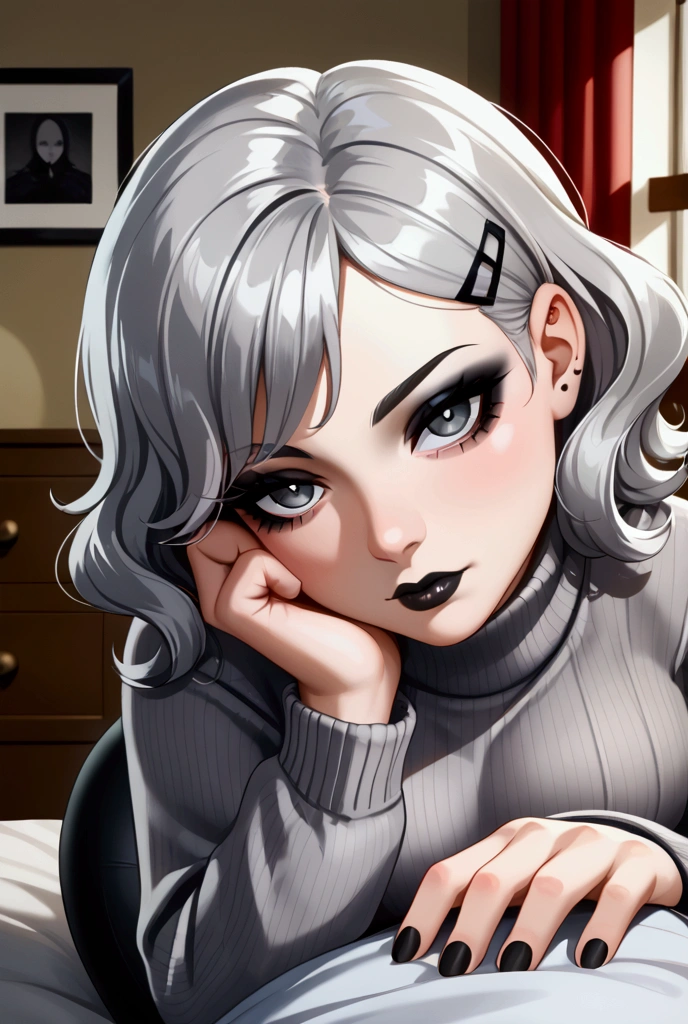 1girl, 18 year old female, silver hair, black lips, goth eyeliner, short hair, wavy hair, gray eyes, silver sweater, black leggings, indoors, bedroom, head resting on her hands, pov, goth stare, pudgy face, hair clip red, 