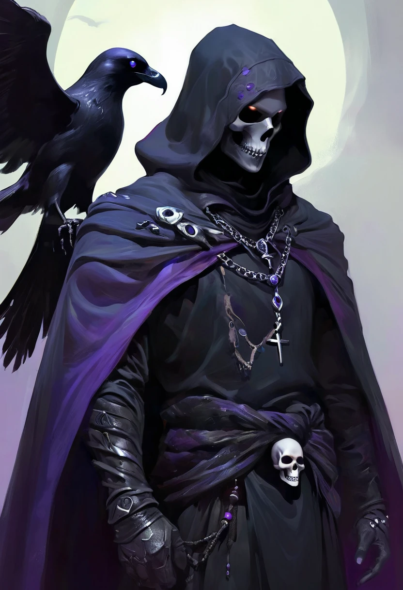 (dark fantasy).(realistic illustration:1.4). A male hooded shadow wraith, obsidian skin, a being of pure shadow. with ((violet eyes)), ((black obsidian skull face)), black armor, cross pendant, tall, imposing, with his raven bird