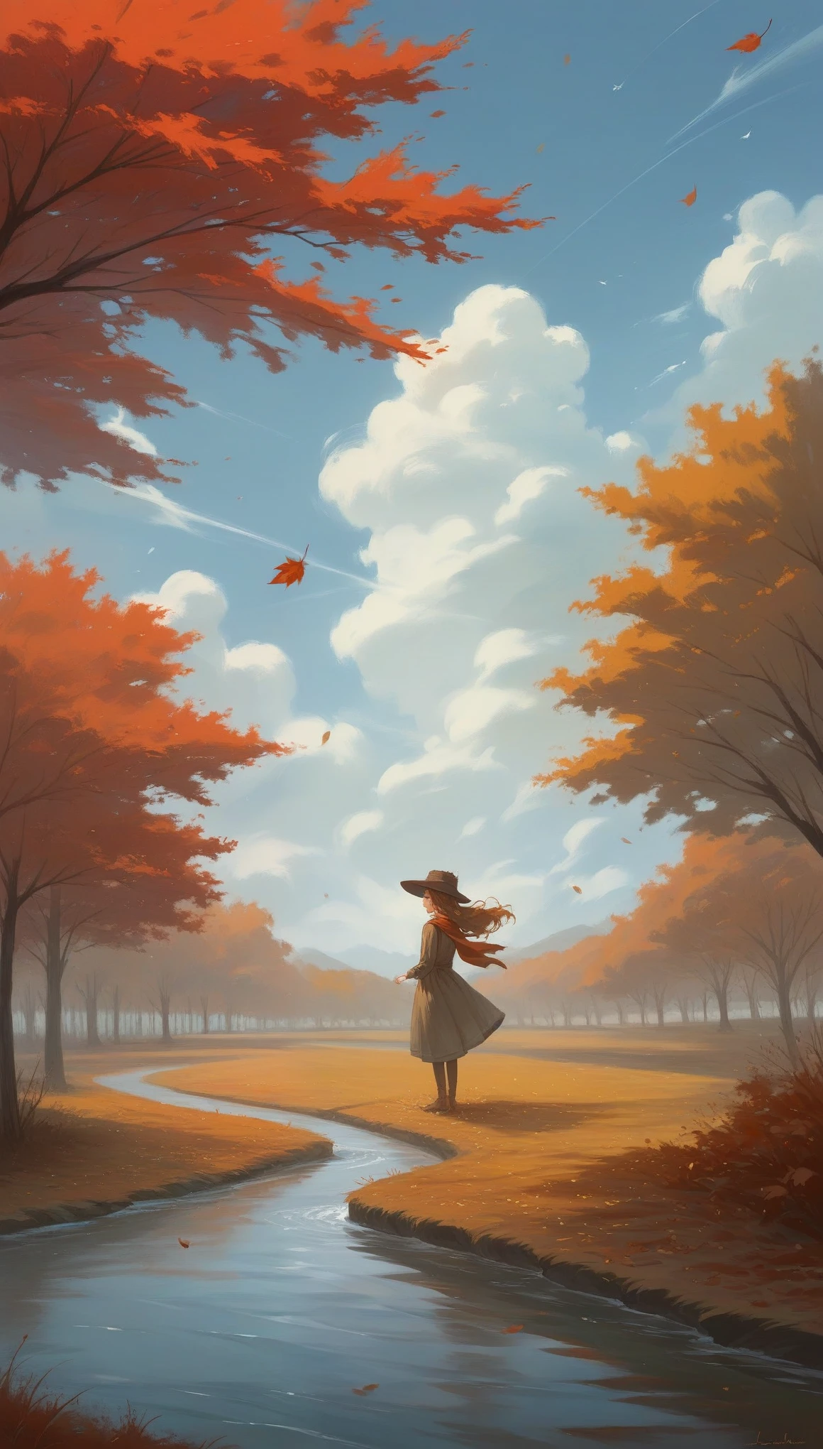 realistic anime,  beautiful bulky European woman in a beautiful designer dress ,  an anatomically correct , jewelry ,  a hat for the windy autumn  ,  a delicate scarf  ,  the hat is barely carried away by the wind , Try to grab it  ,  leaves flying in the wind  ,  crosses the road with some pools of water  ,  sheets of diaries that fly in the wind  ,  everyday scene of autumn  ,  beautiful and delicate details elaborated  , award-winning image,  masterpiece  , U high definition, Retina,  masterpiece , necessary,  anatomically correct ,  ,  super detail , High details, High quality ,  Award winner  ,  The best quality, highres, 1080P,  high definition, 16K