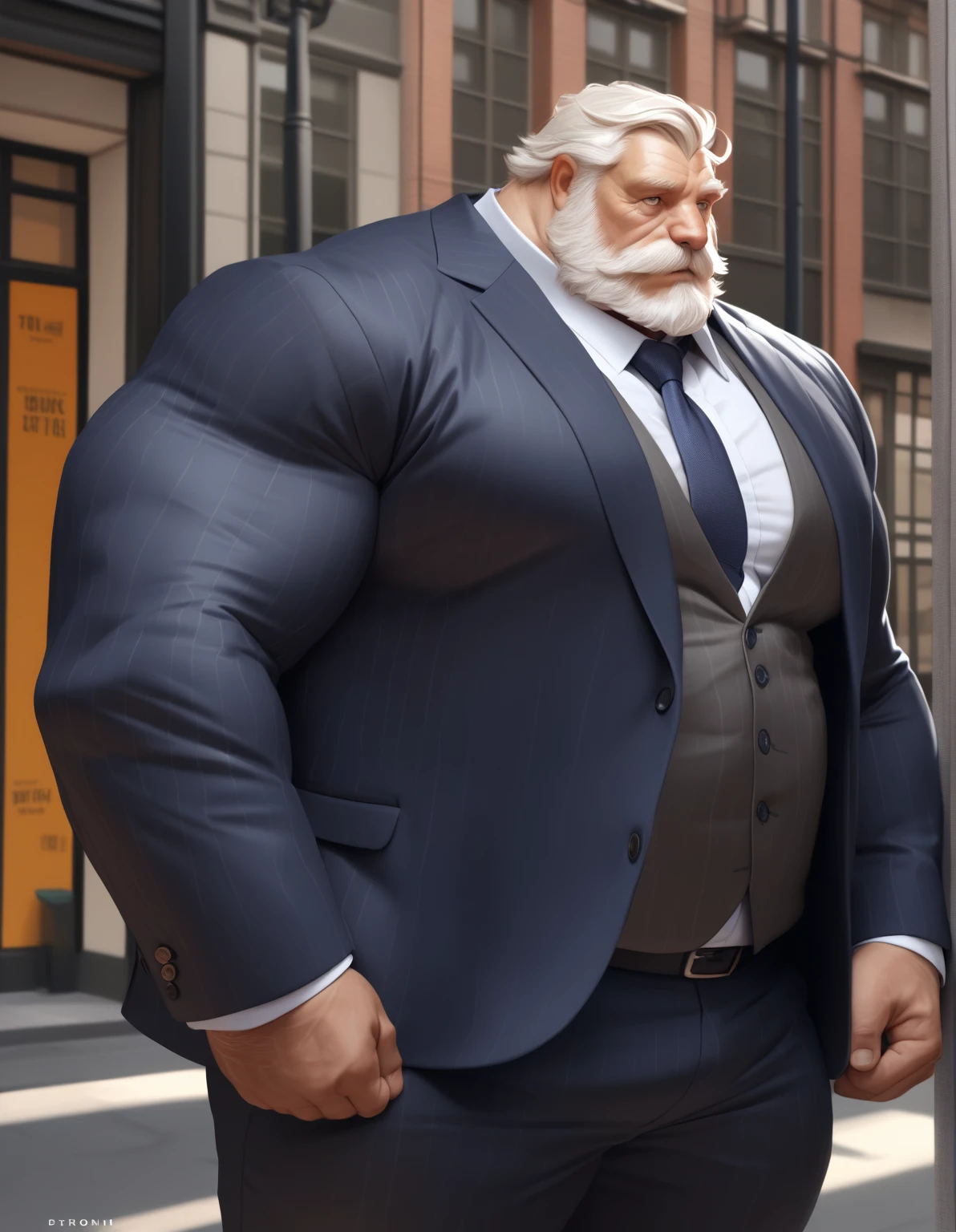 solo, 1boy, Muscular Old man, business man, suits, street, city, wide shoulder, pectoral, thick arms, huge pectoral, wide pectoral, short white hair, detailed eyes, masterpiece, semirealistic:1.2, high detailed, 8k, high resolution