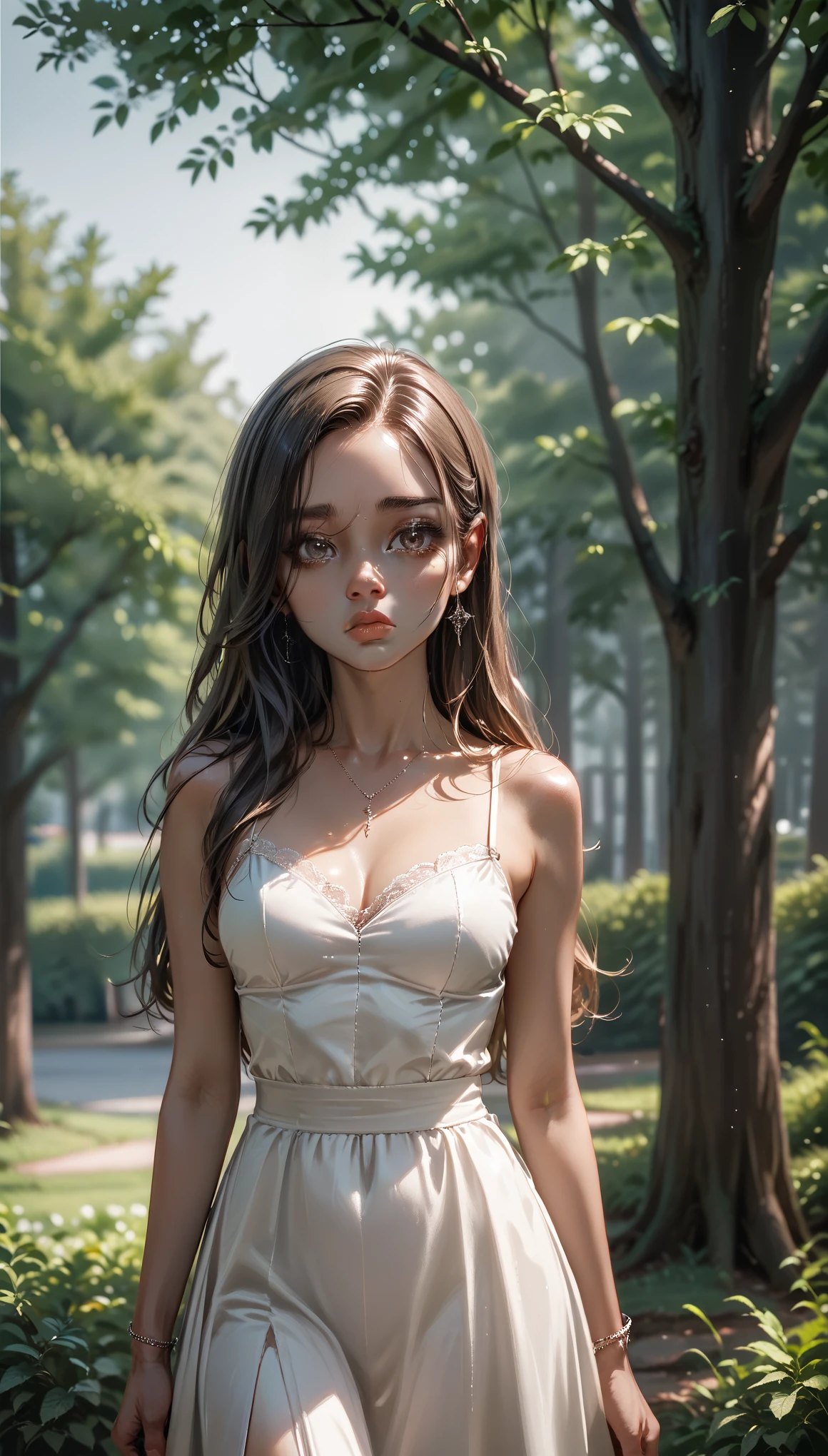 score_9、score_8_up、score_7_up, A beautiful girl leaning against a tree, park, sad expression, detailed face, long eyelashes, delicate lips, porcelain skin, elegant dress, cinematic lighting, dramatic shadows, muted color palette, melancholic atmosphere, intricate background details, cinematic composition, masterpiece, photorealistic, 8k, high quality